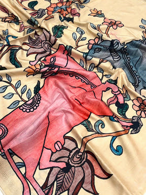 Kalamkari Printed Cream Ghicha Saree