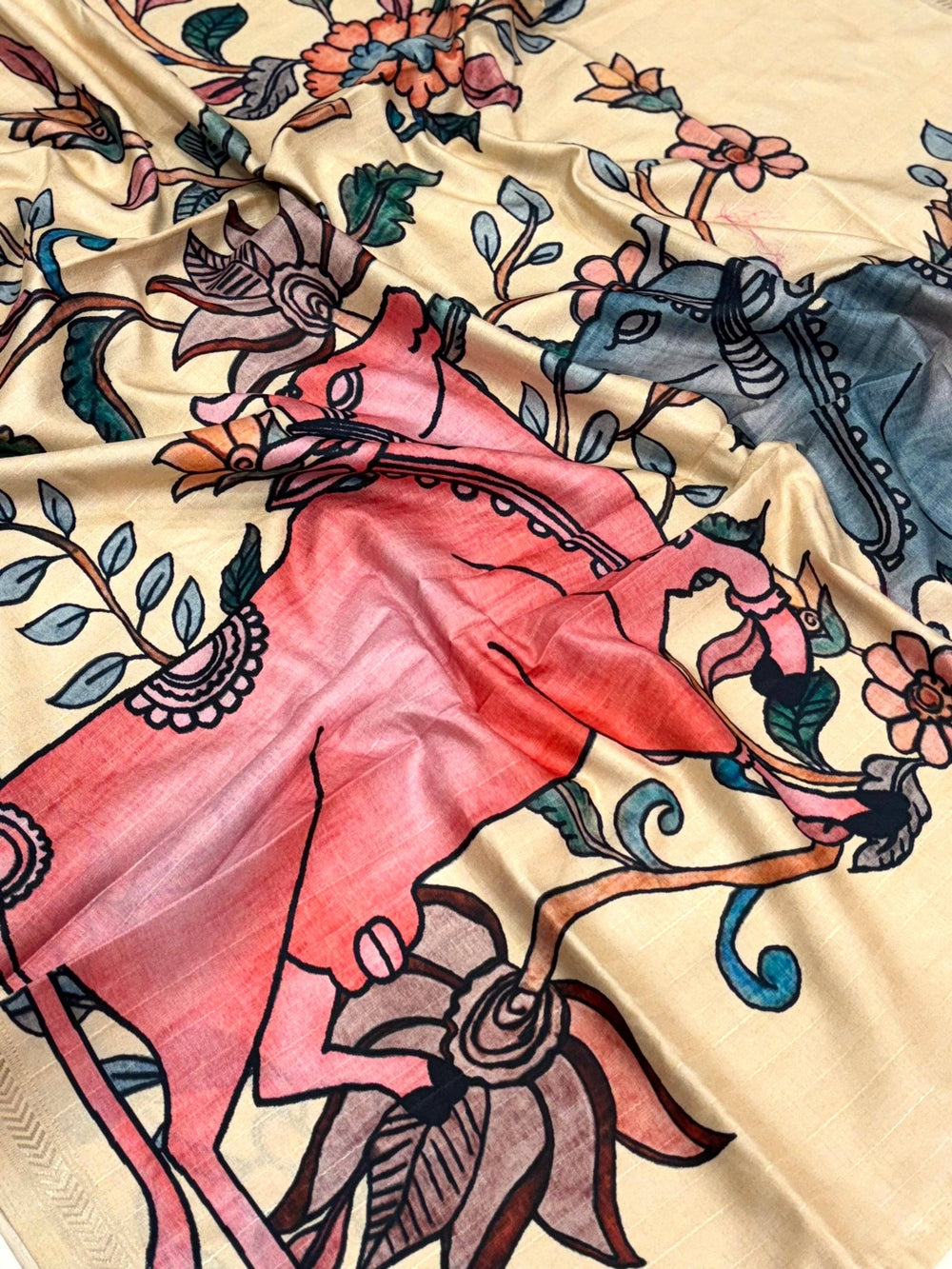 Kalamkari Printed Cream Ghicha Saree