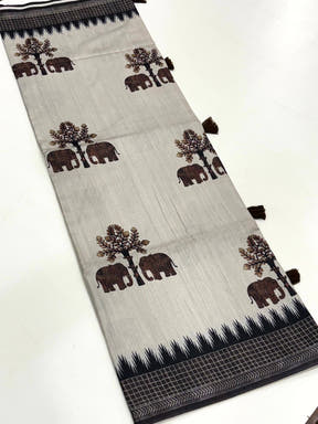 Block Printed Coffee Brown Ghicha Silk Saree