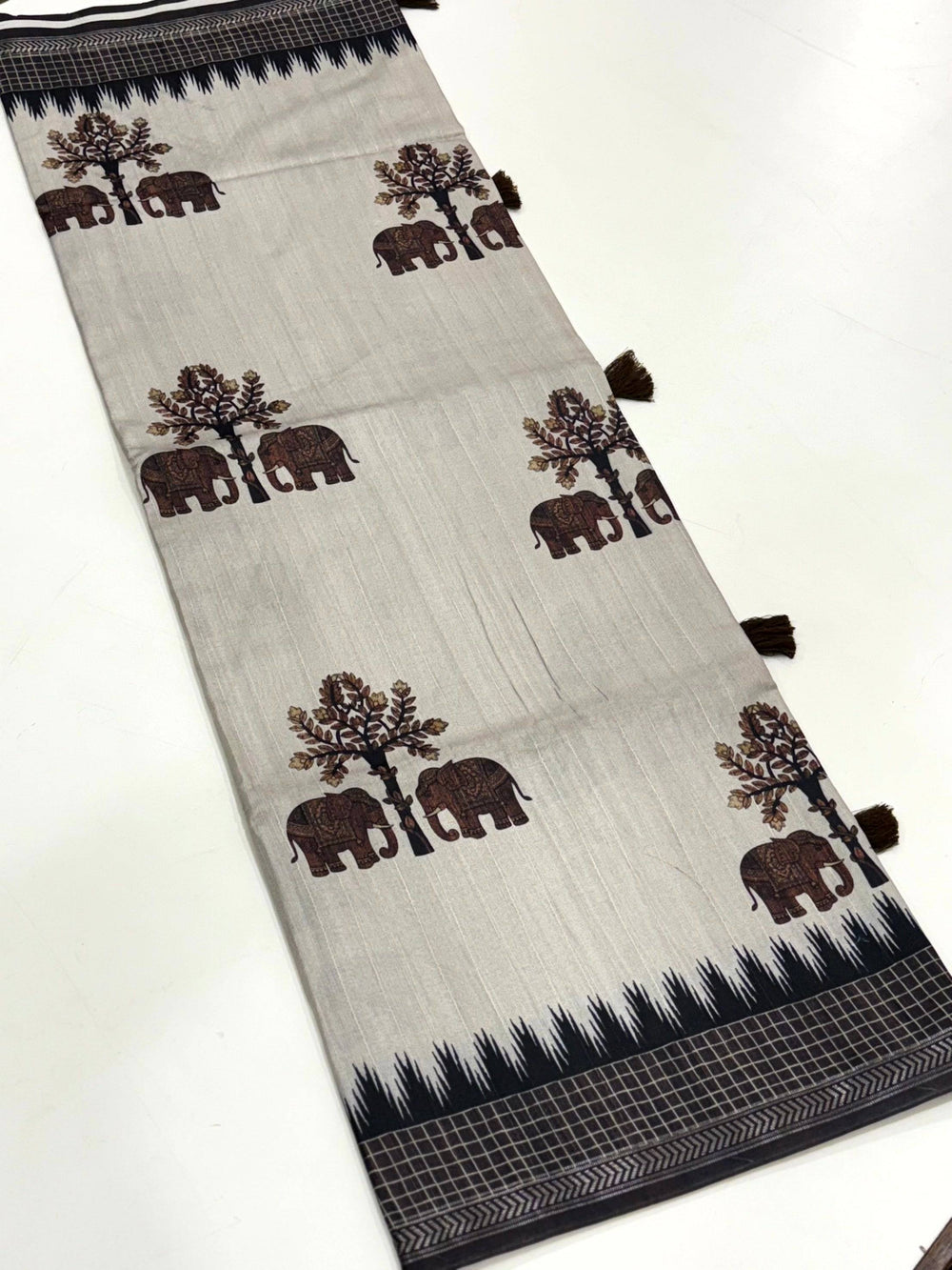 Block Printed Coffee Brown Ghicha Silk Saree