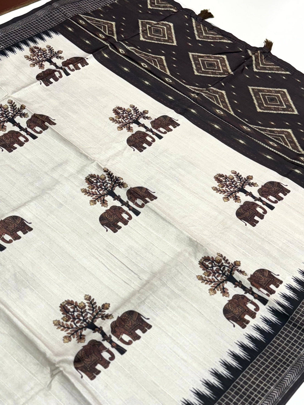 Block Printed Coffee Brown Ghicha Silk Saree