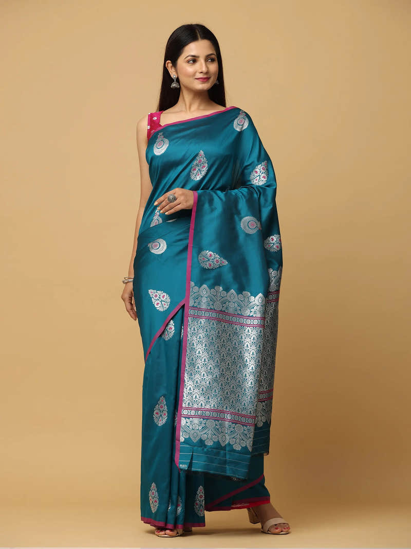 Teal Colour Banarasi Katan Silk Kanchi Zari Weaving Saree