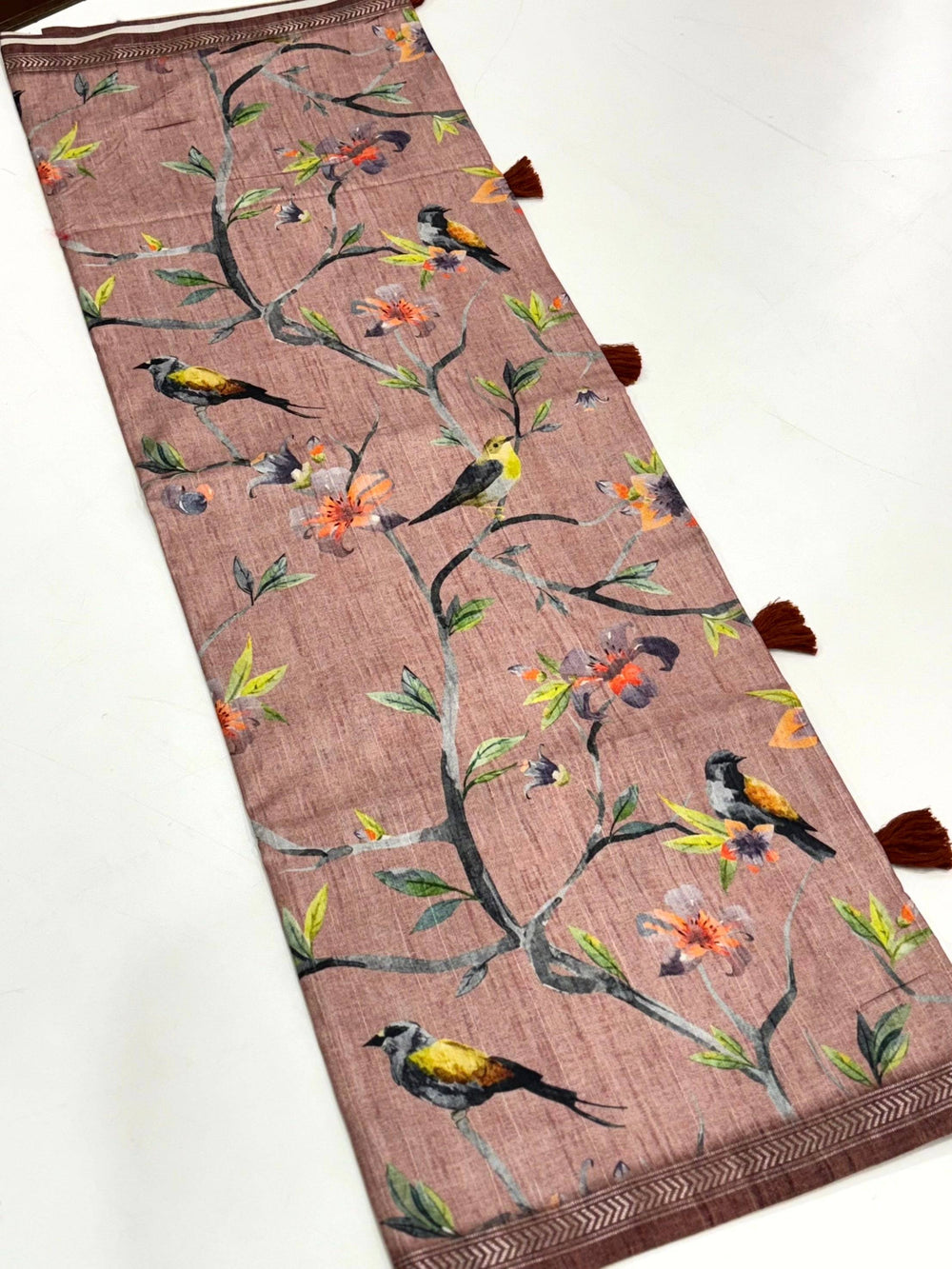 Artistic Floral Bird Print Tussar Silk Saree