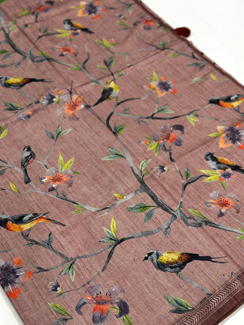 Artistic Floral Bird Print Tussar Silk Saree