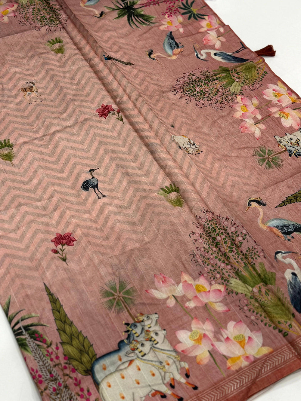 Rose Pink Pichwai Print Tussar Silk Saree