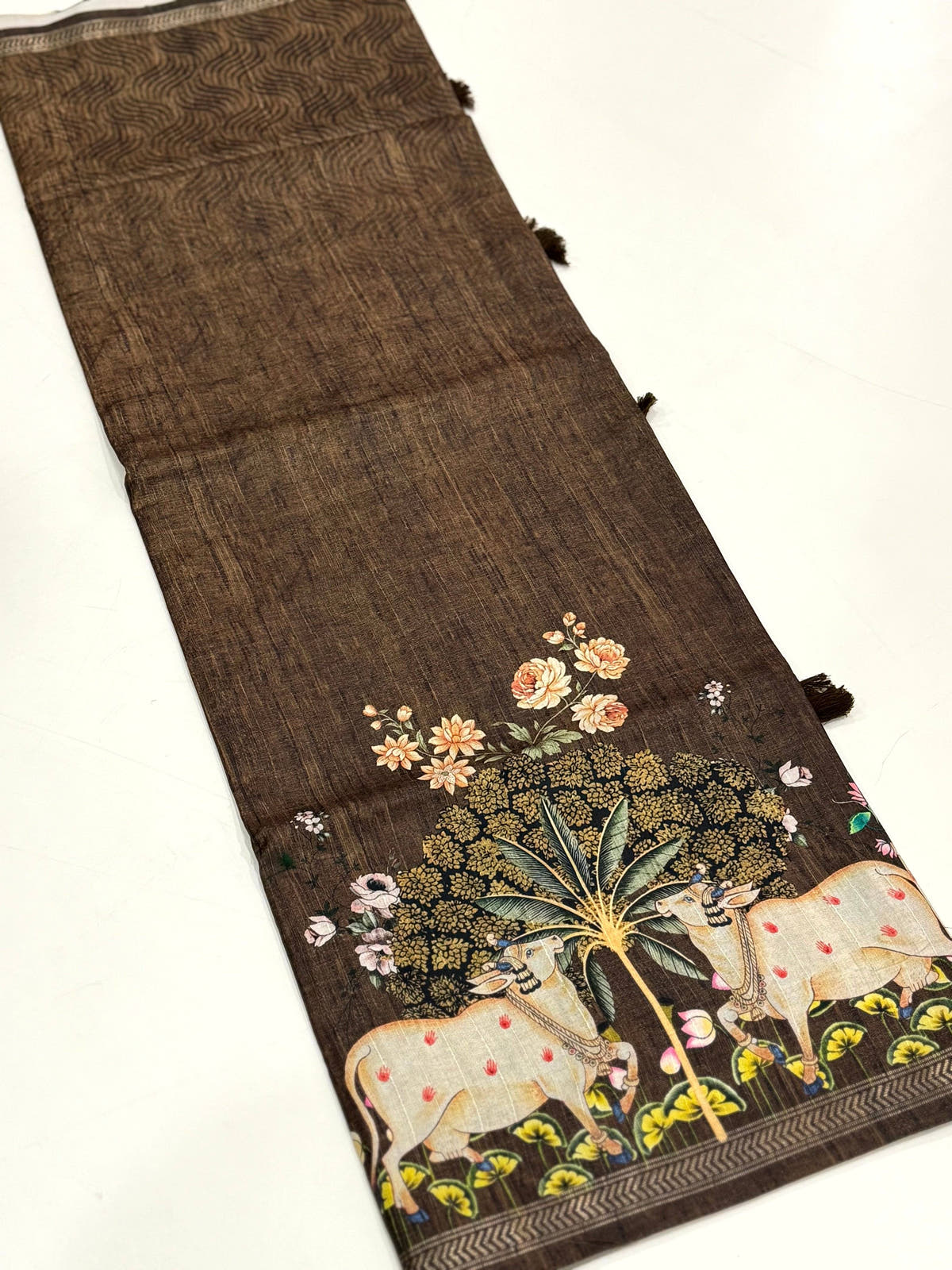 Coffee Brown Pichwai Print Tussar Silk Saree

