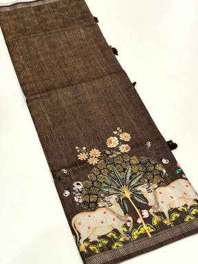 Coffee Brown Pichwai Print Tussar Silk Saree

