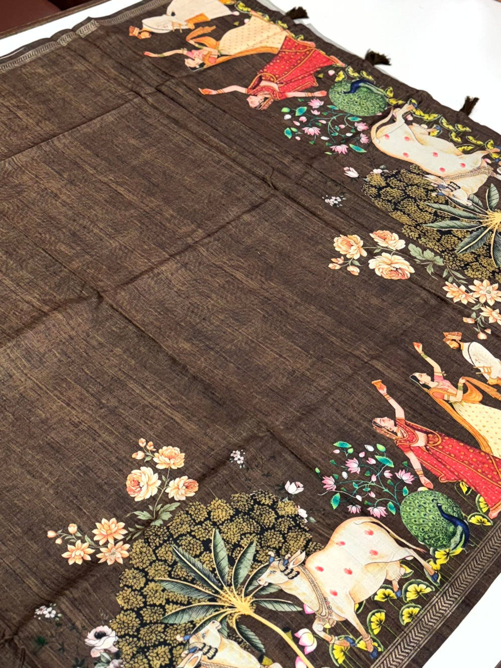 Coffee Brown Pichwai Print Tussar Silk Saree

