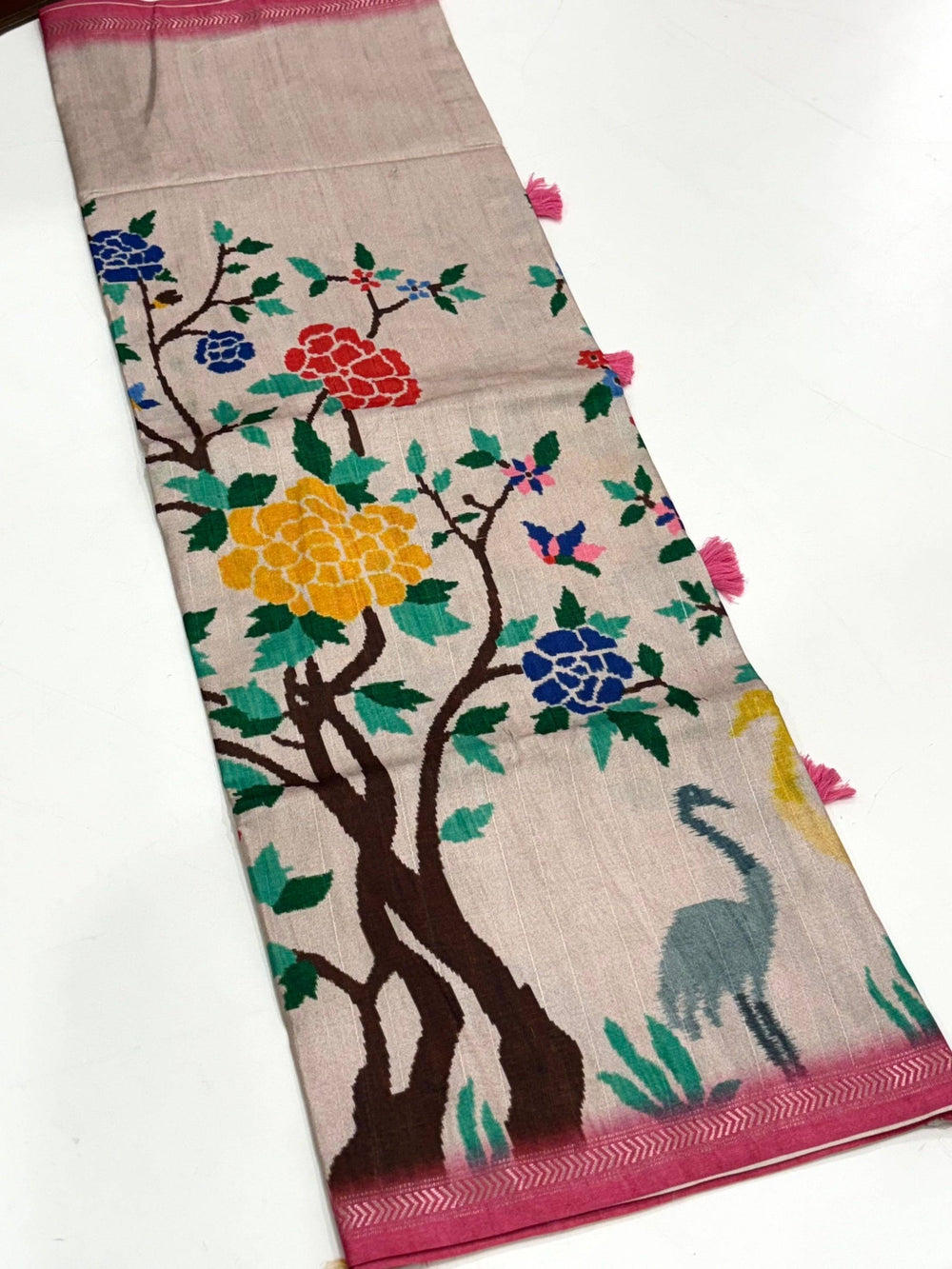 White Floral Ikat Tussar Ghicha Silk Saree