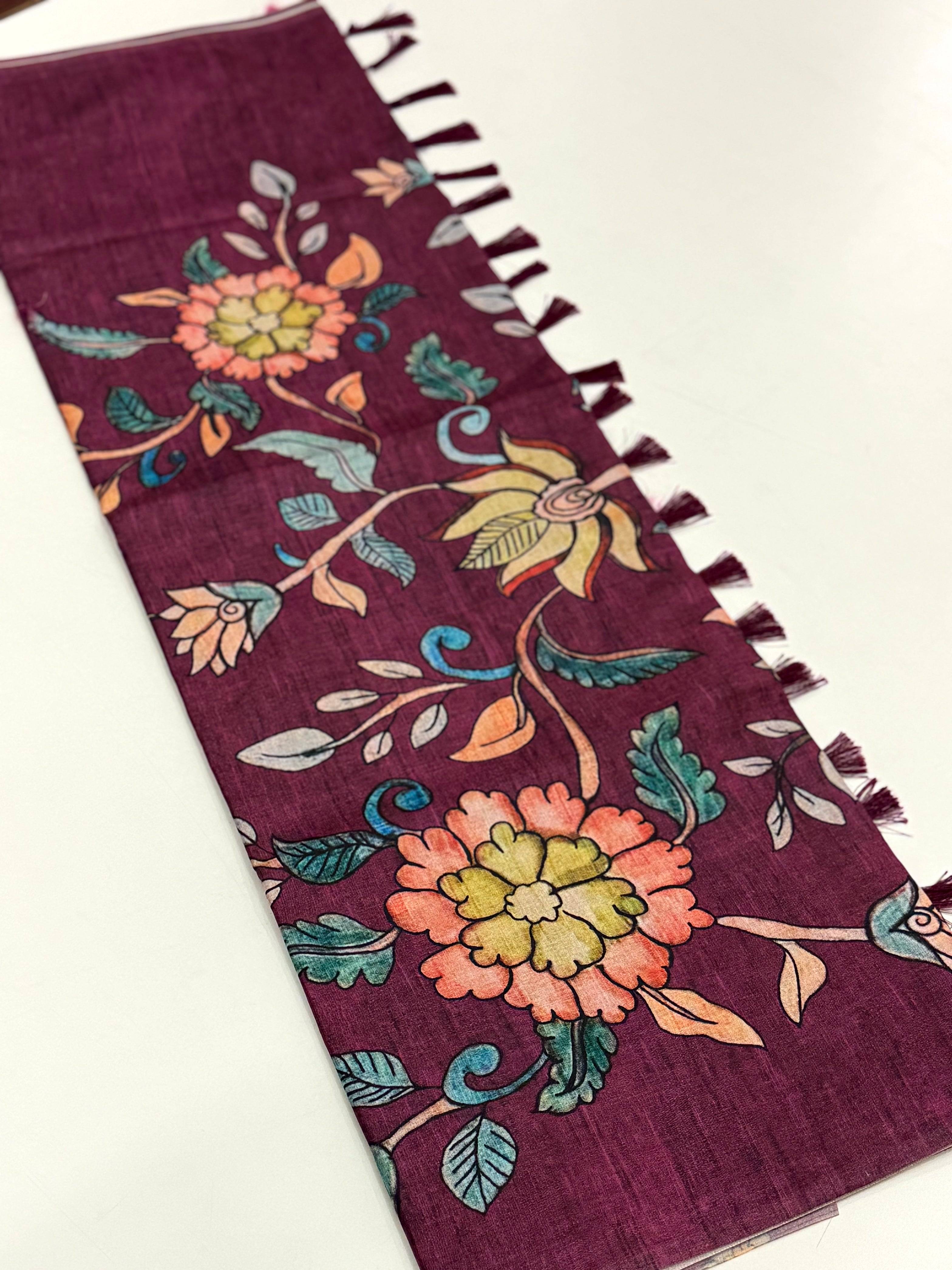 Wine Soft Semi Tussar Digital Print Saree