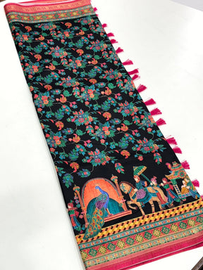 Black Soft Silk Pashmina Kashmiri Print Saree