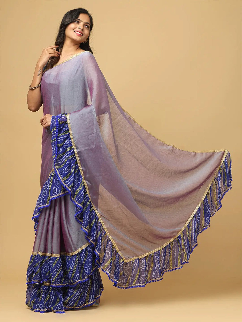 Soft Georgette Bandhej Print Ruffle Party Wear Saree