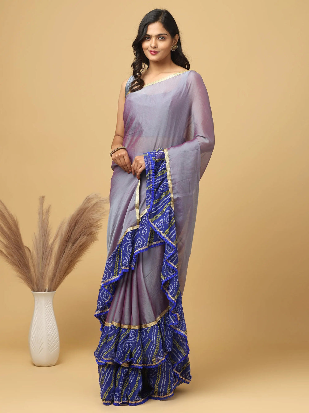 Soft Georgette Bandhej Print Ruffle Party Wear Saree