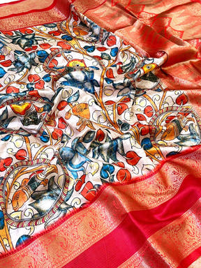 Cream Fish Kalamkari Gadwal Saree