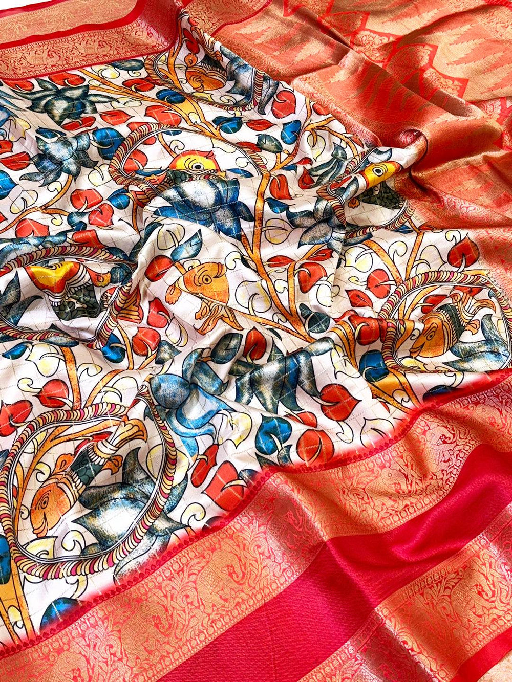 Cream Fish Kalamkari Gadwal Saree