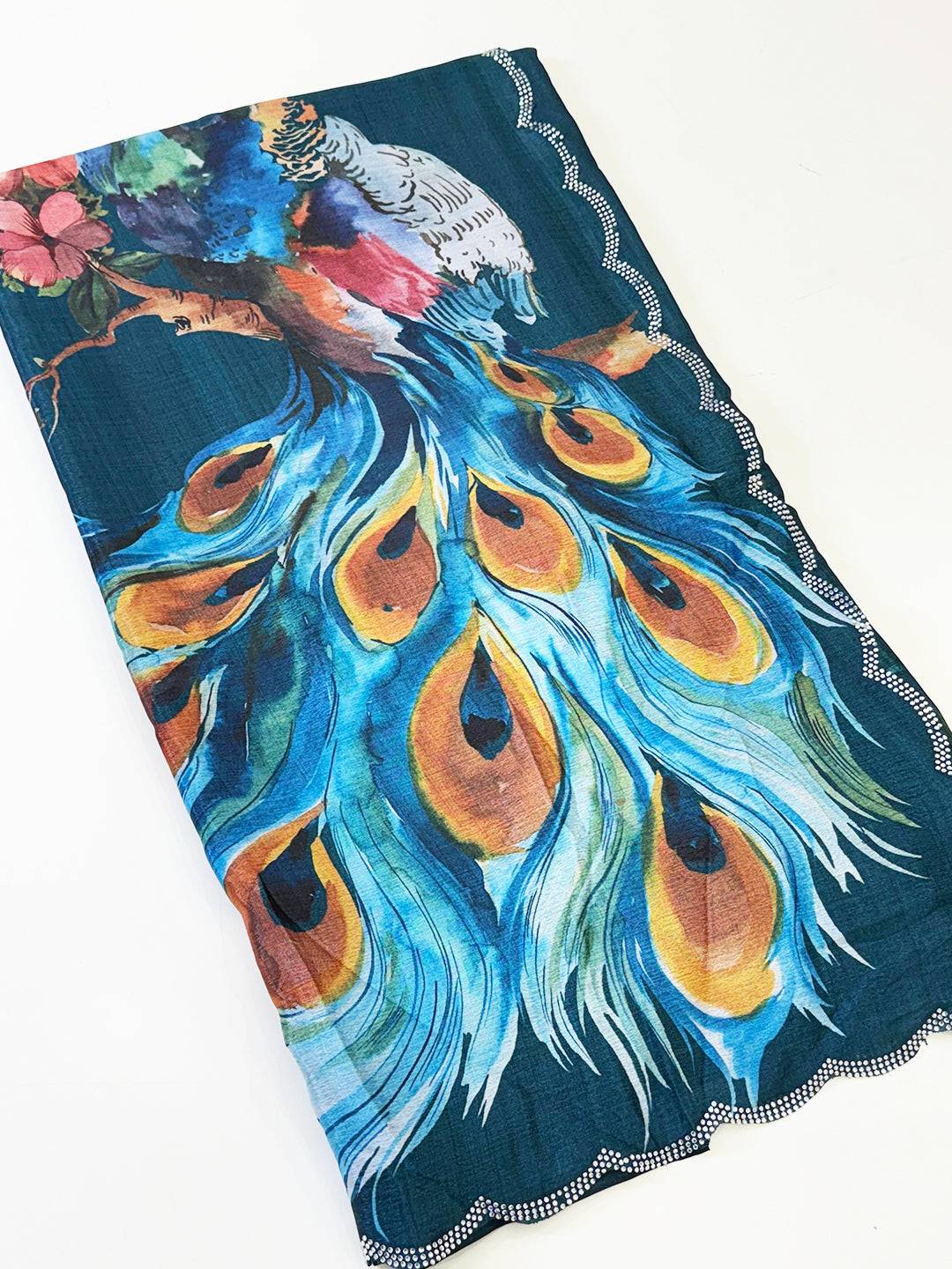 Teal Chinnon Stone Work Floral Saree
