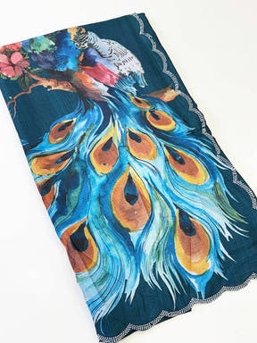 Teal Chinnon Stone Work Floral Saree
