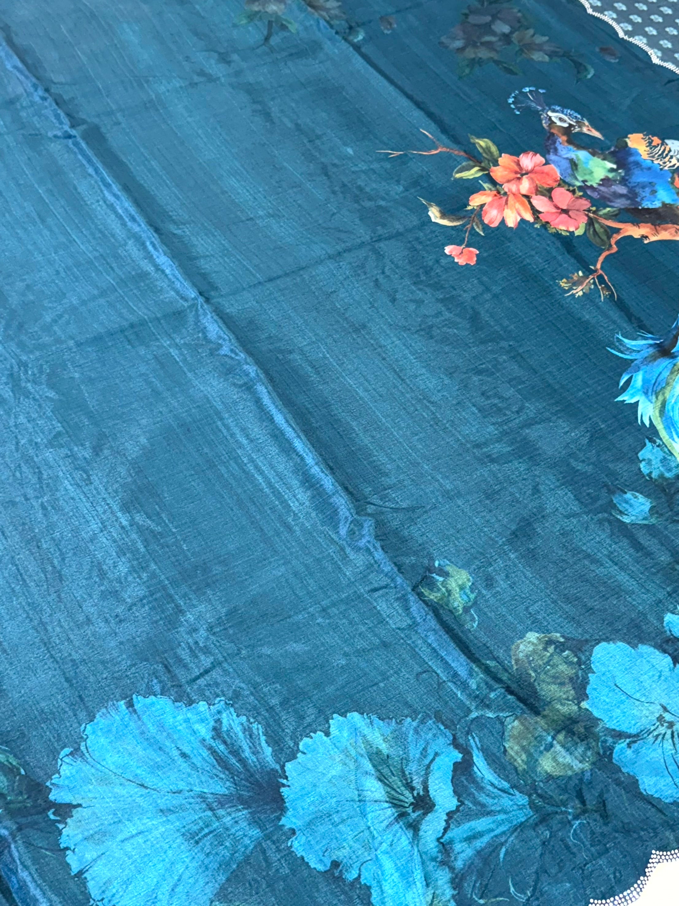 Teal Chinnon Swarovski Floral Saree
