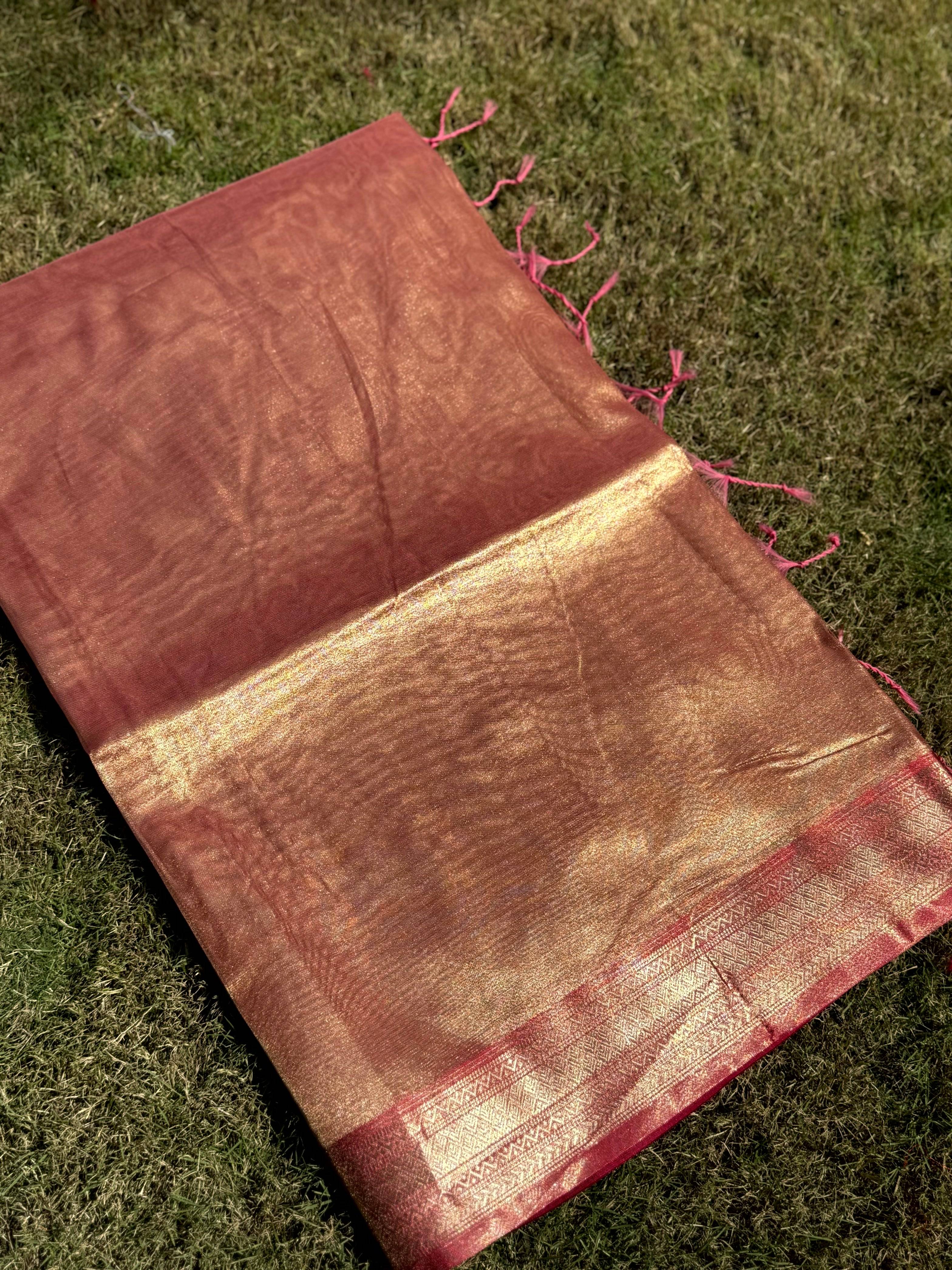 Radiant Pink Gold Zari Tissue Saree