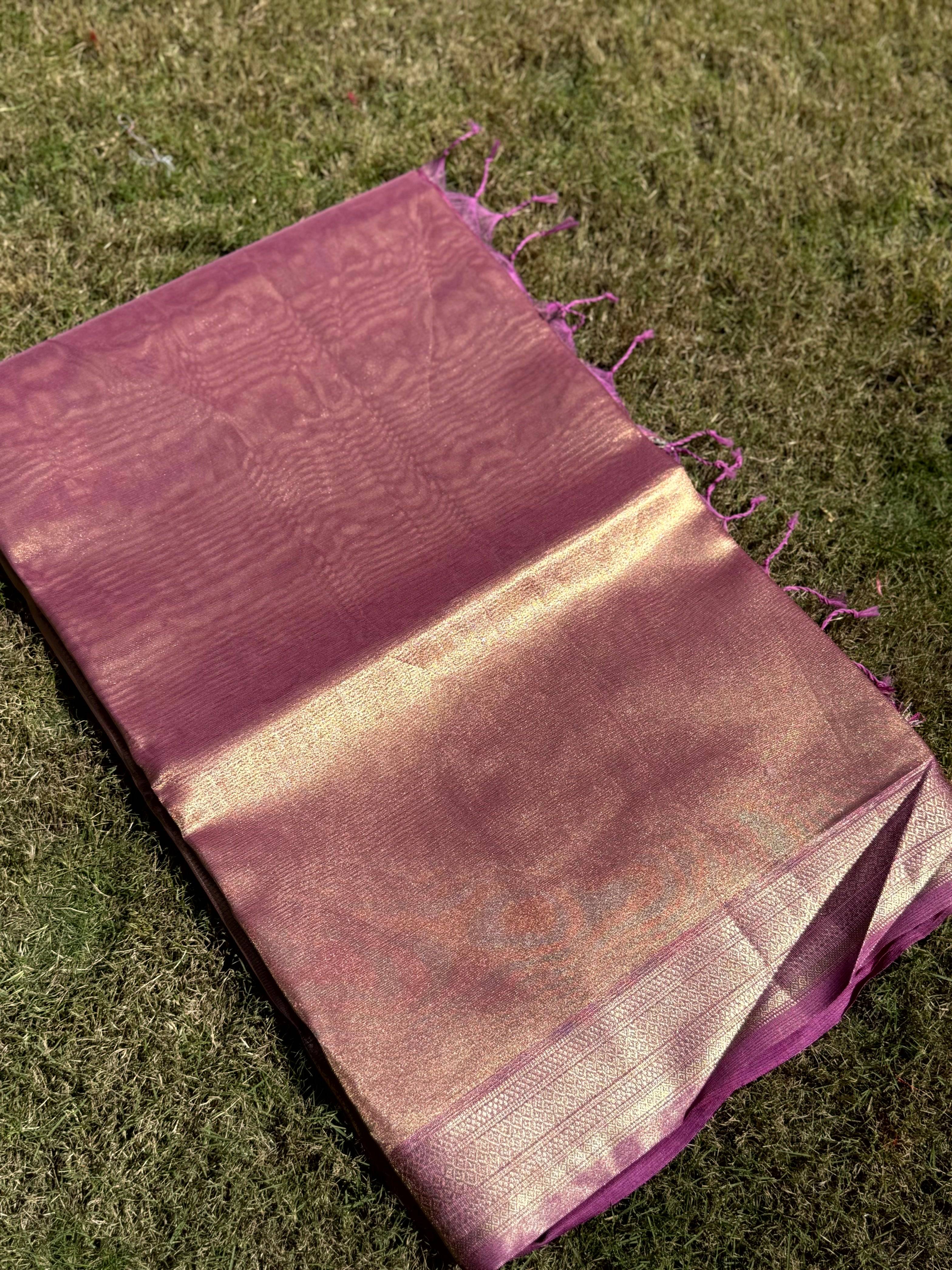 Radiant Wine Gold Zari Tissue Saree