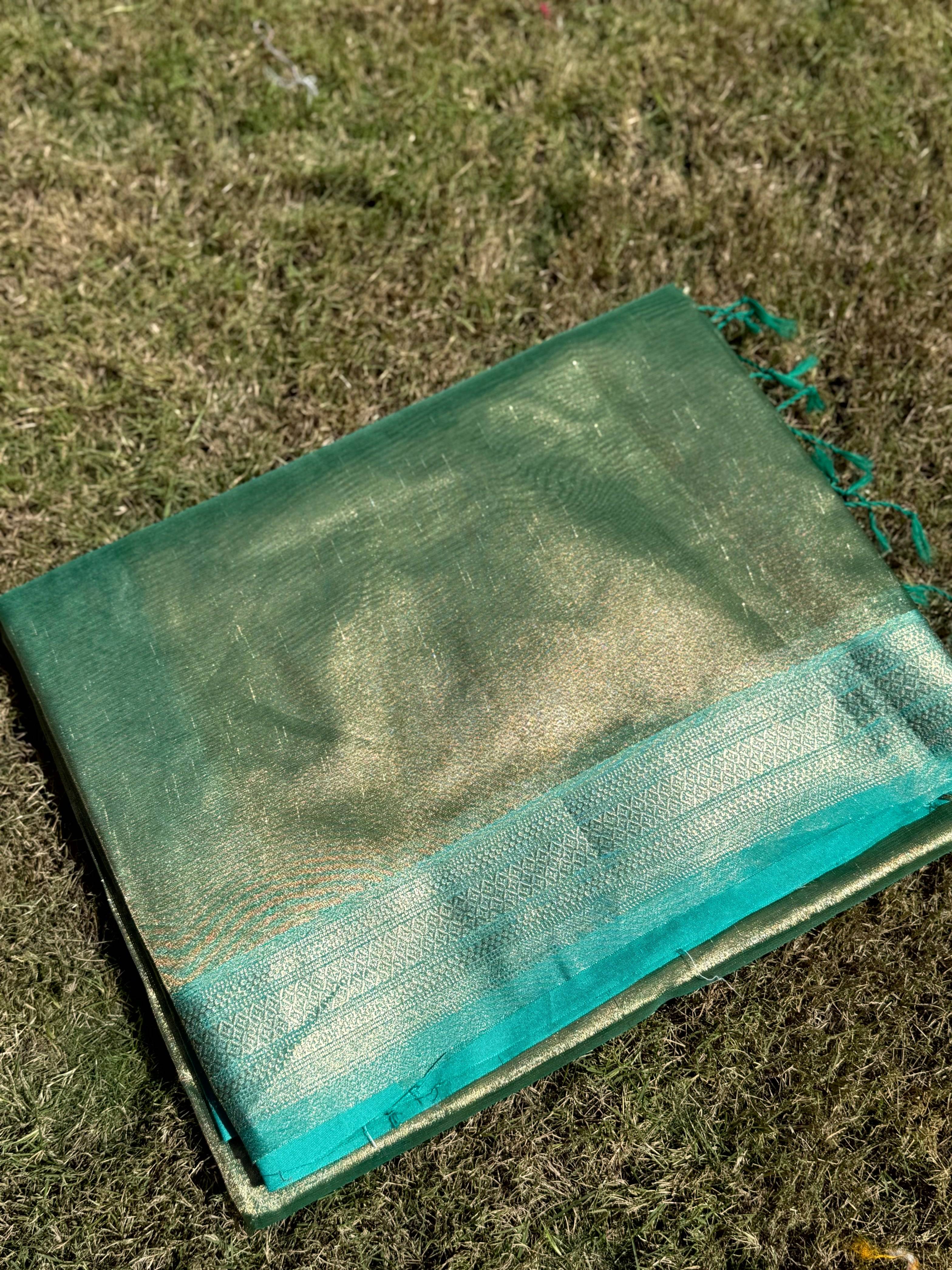 Elegant Sky Blue Gold Zari Tissue Saree