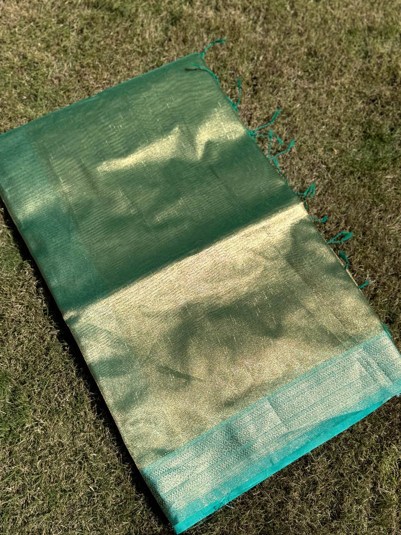 Elegant Sky Blue Gold Zari Tissue Saree