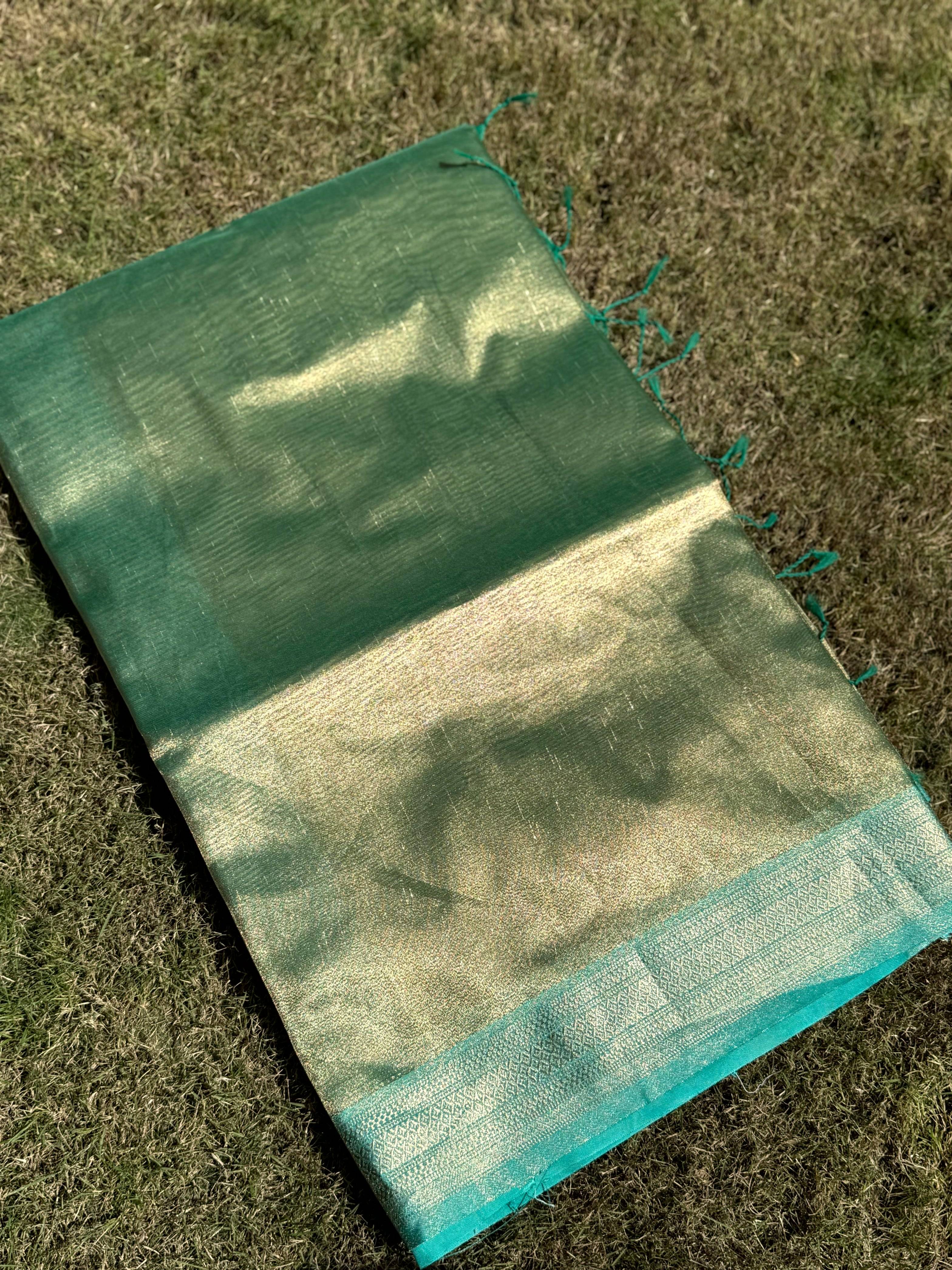 Elegant Sky Blue Gold Zari Tissue Saree