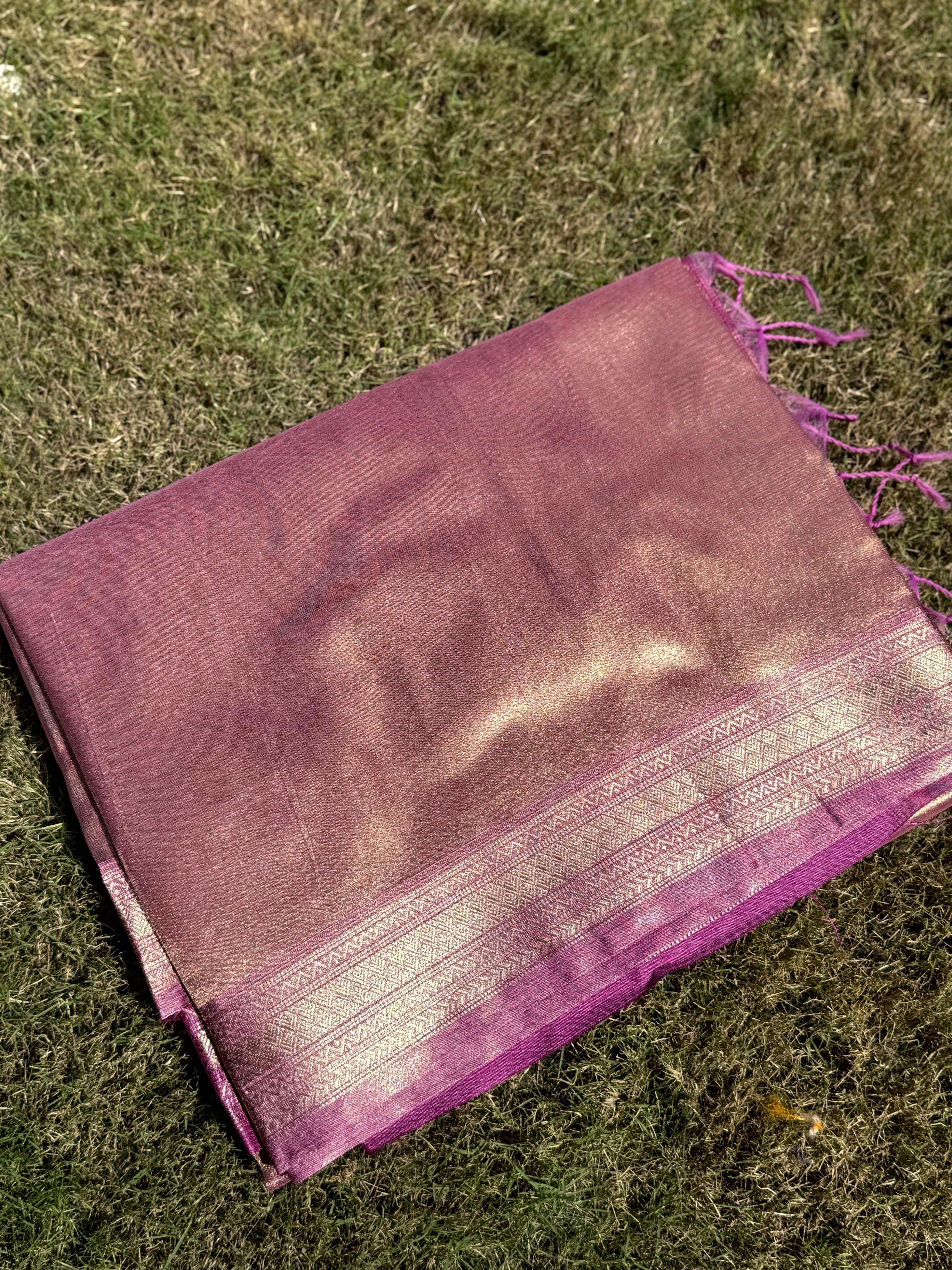 Elegant Wine Gold Zari Tissue Saree