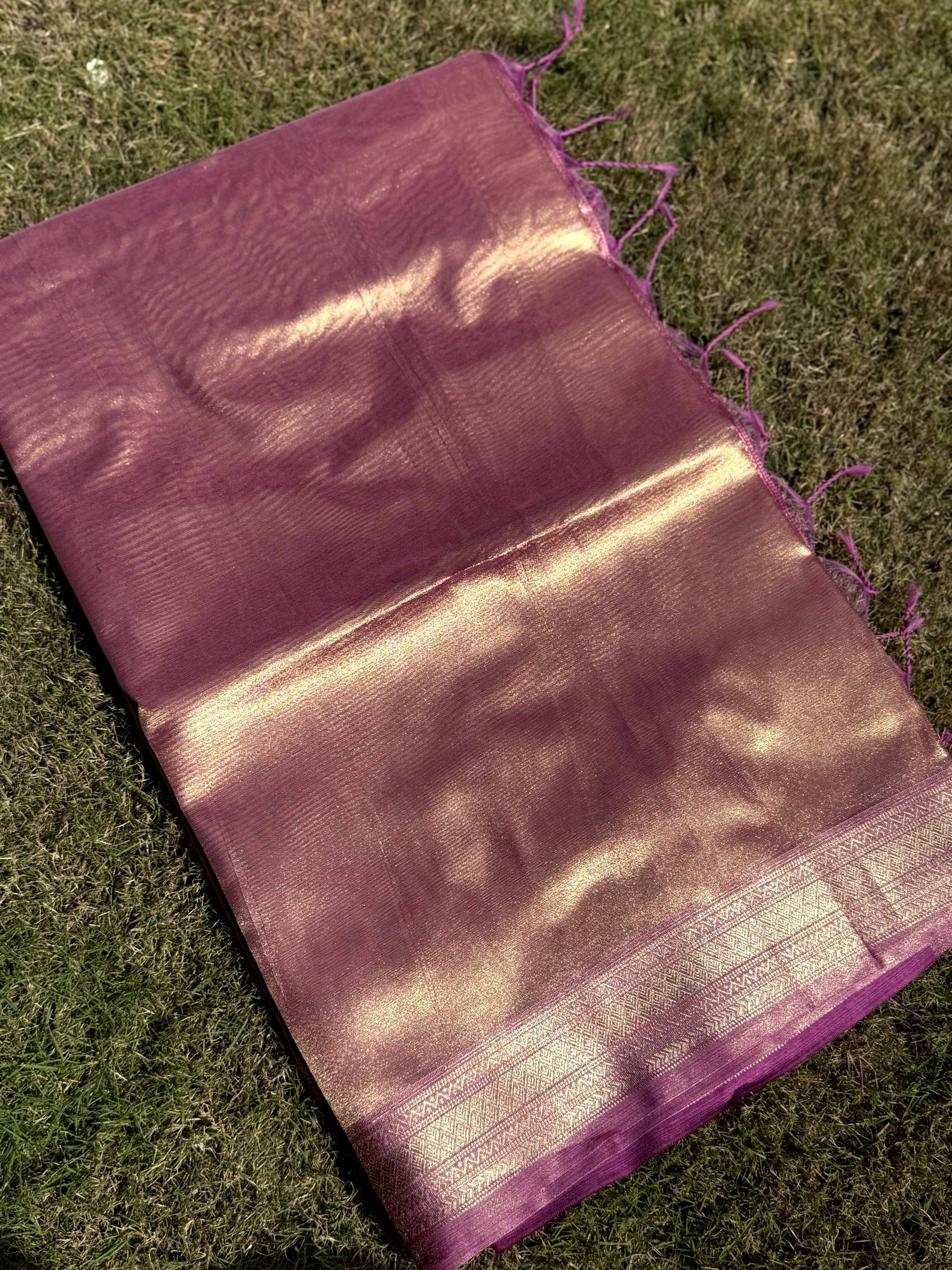 Elegant Wine Gold Zari Tissue Saree