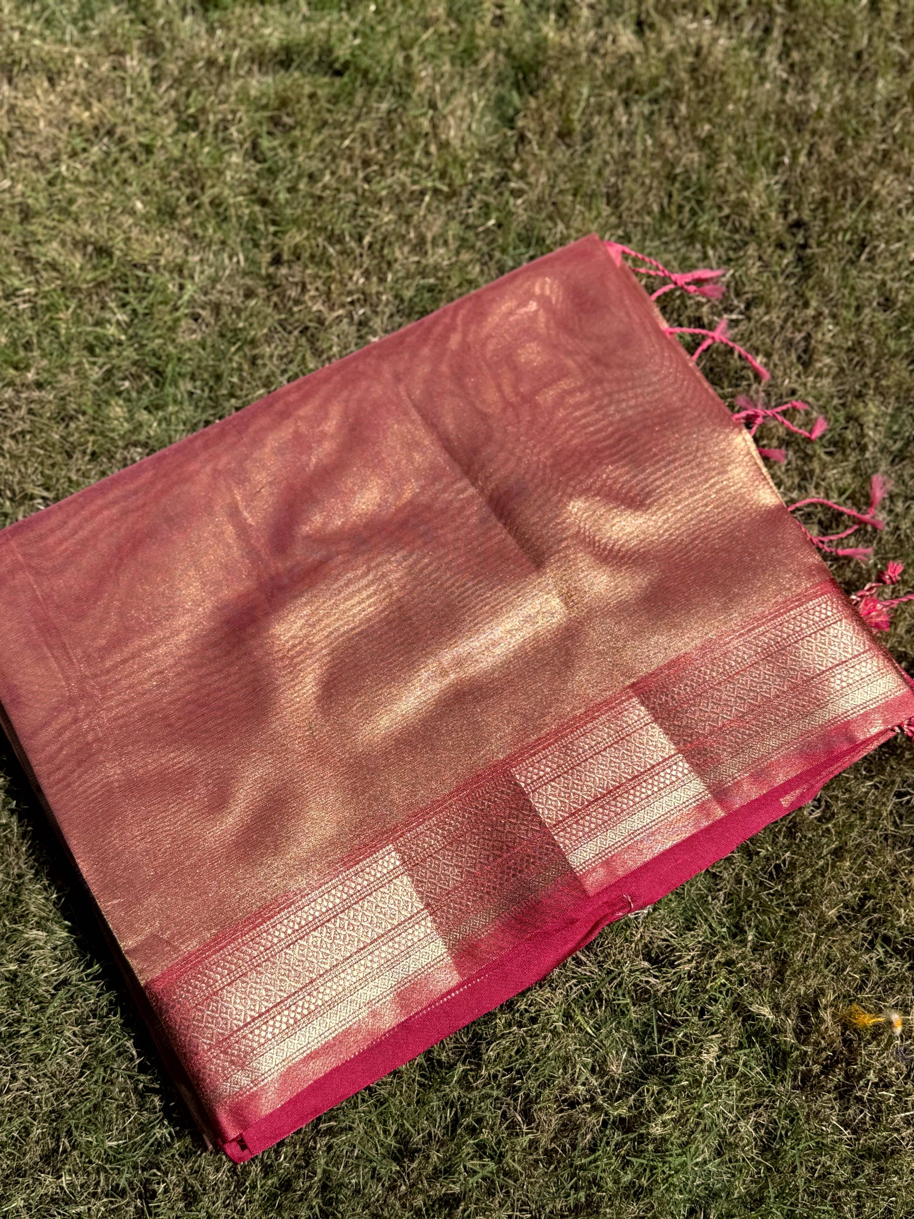 Elegant Pink Gold Zari Tissue Saree