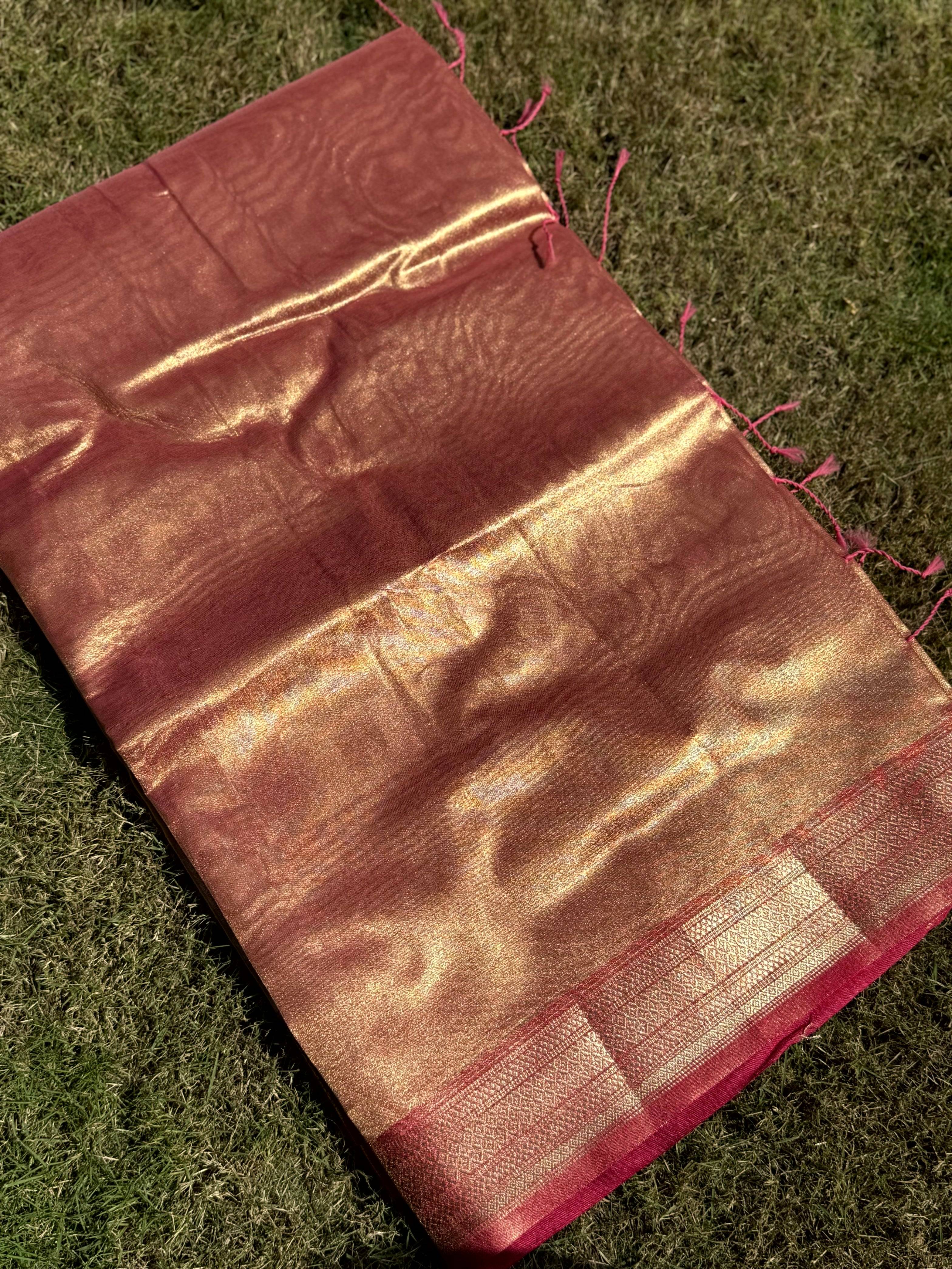 Elegant Pink Gold Zari Tissue Saree