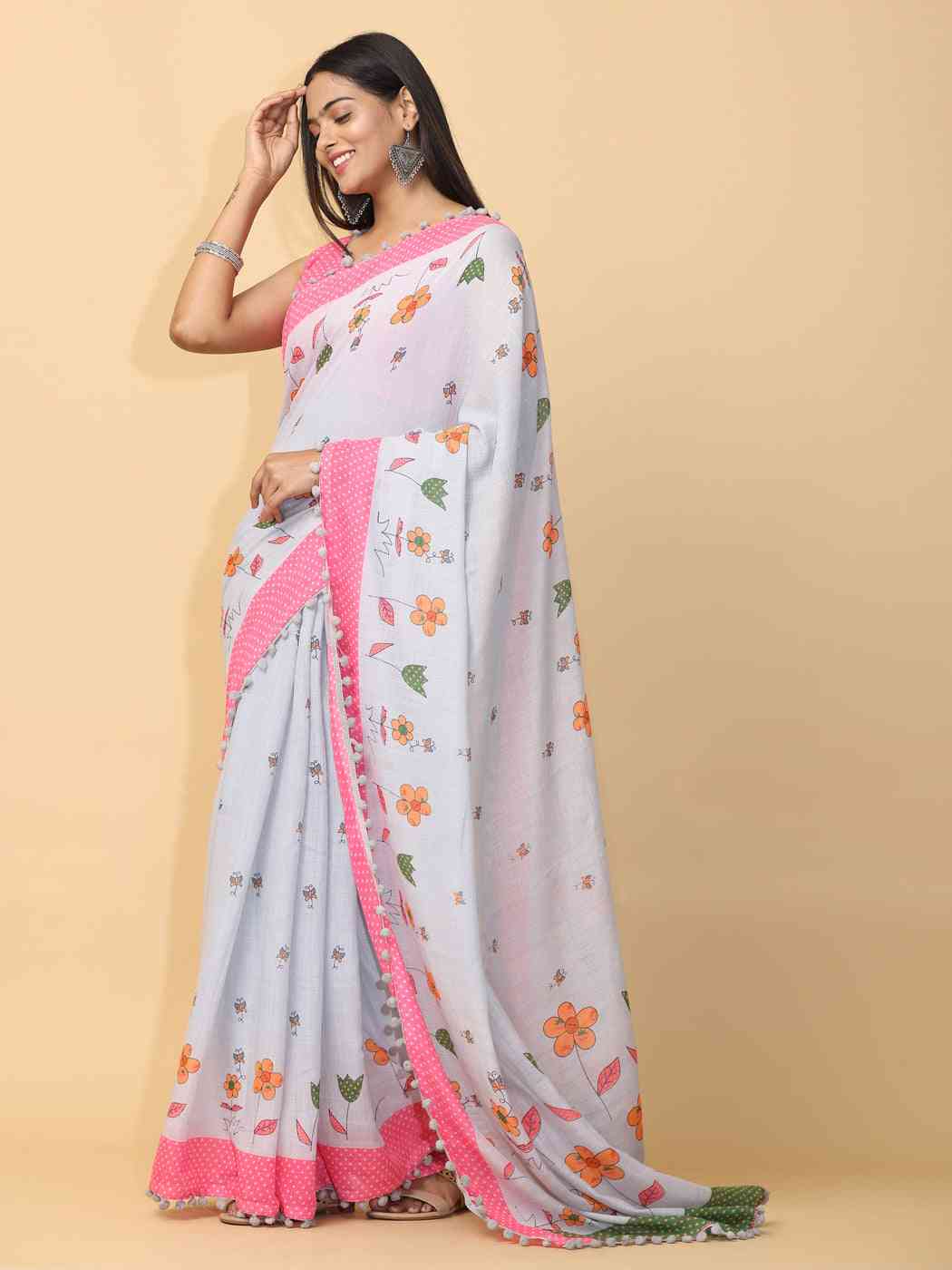 Pure Slab Cotton Trendy Block Print Designer Saree