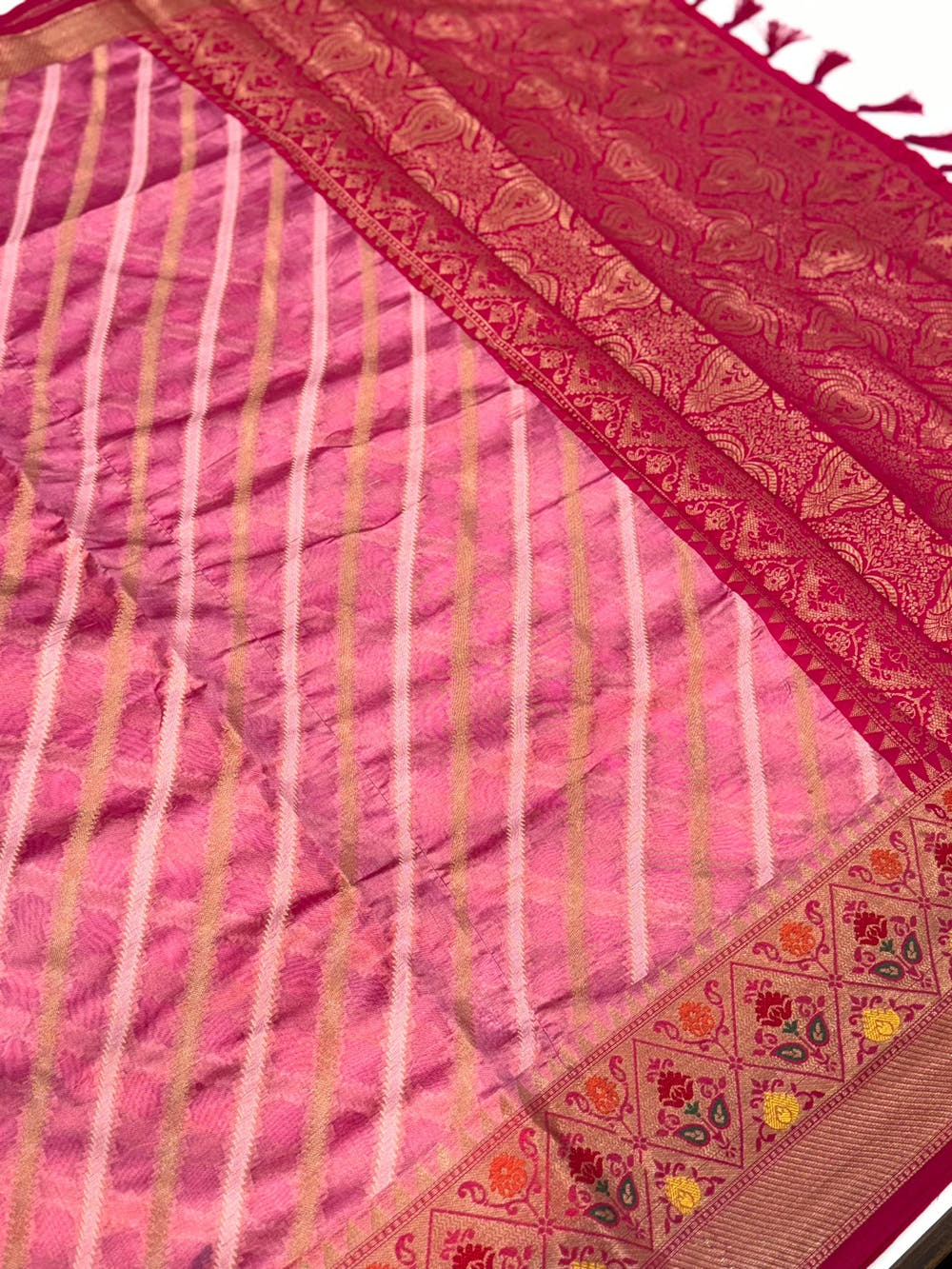Baby Pink Banarasi Lehriya Katan Silk Saree
