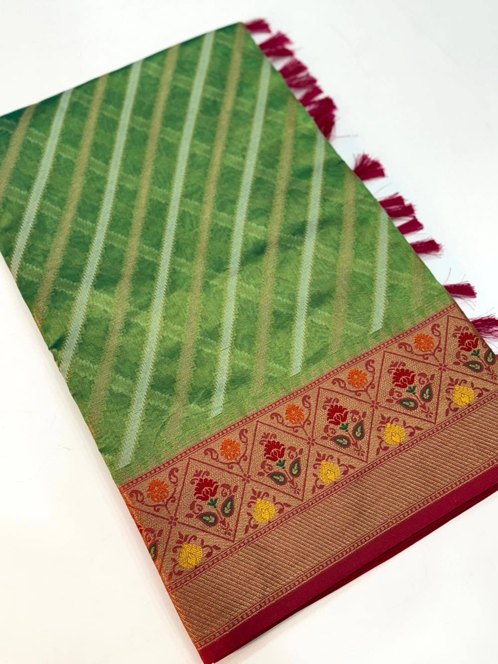 Green Banarasi Lehriya Katan Silk Saree