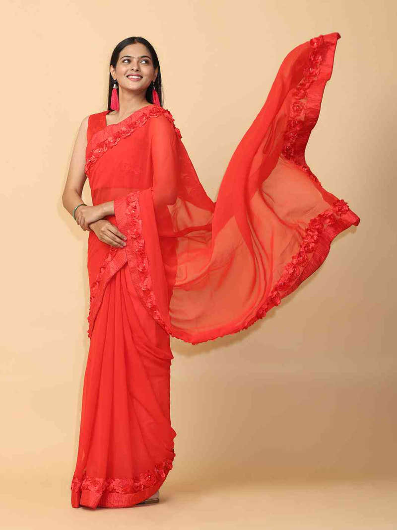 Ribbon Poly Georgette Party Wear Solid Saree