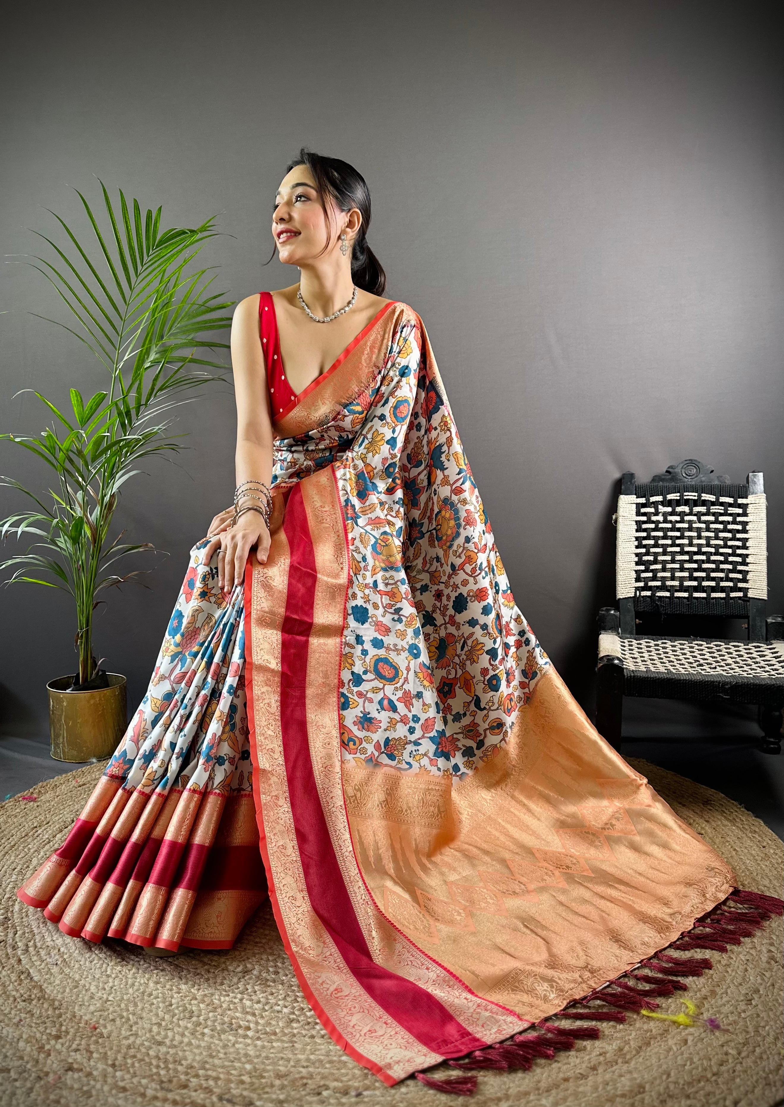 White Colour Soft Silk Kalamkari Saree