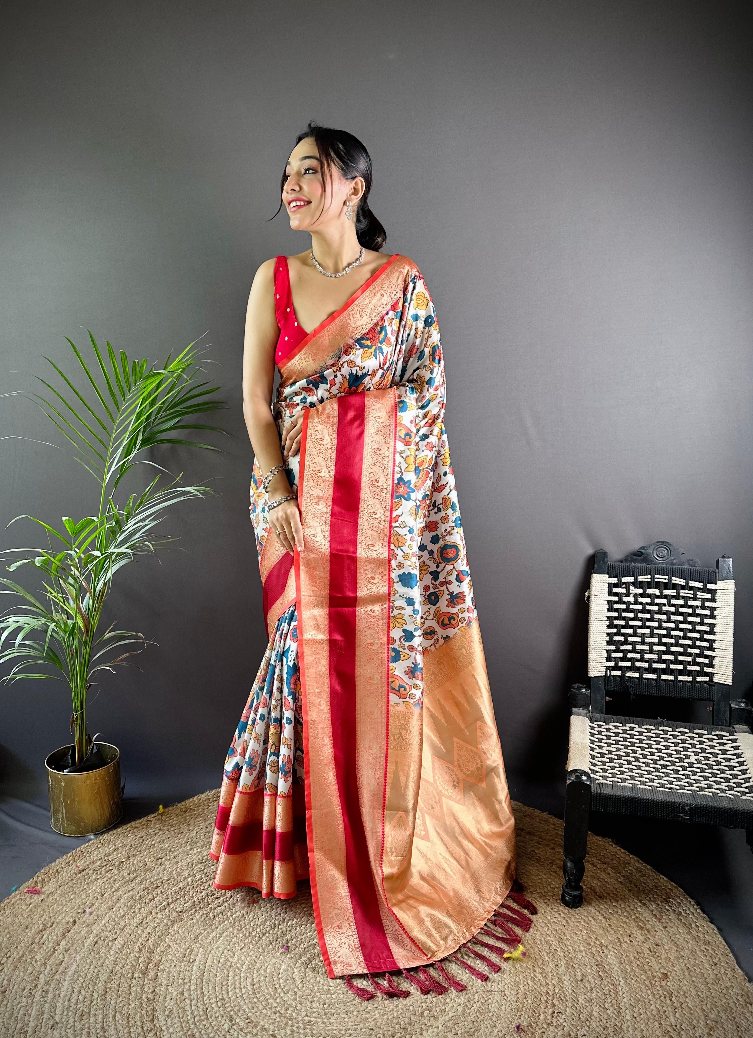 White Colour Soft Silk Kalamkari Saree