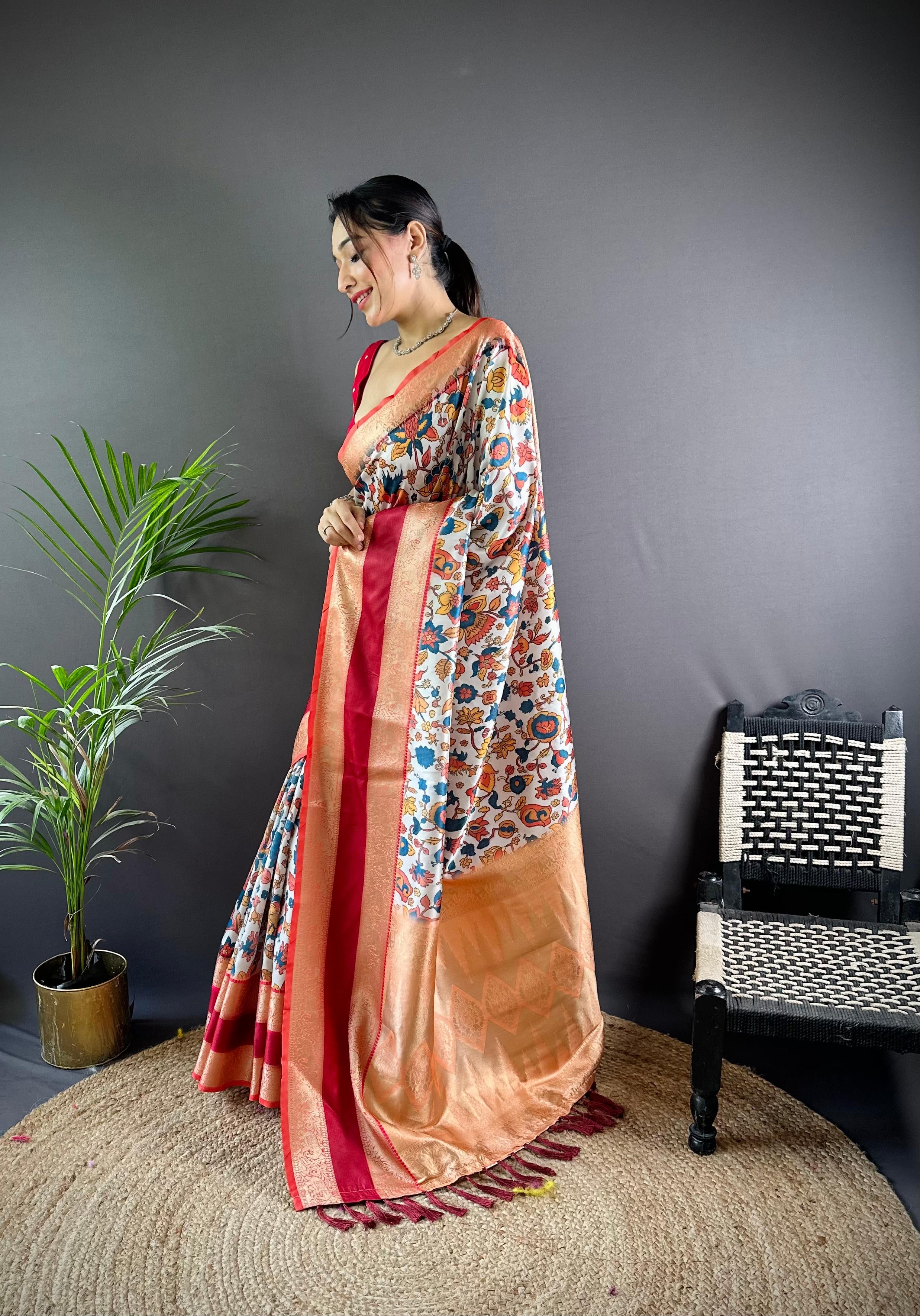 White Colour Soft Silk Kalamkari Saree