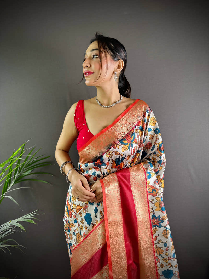 White Colour Soft Silk Kalamkari Saree
