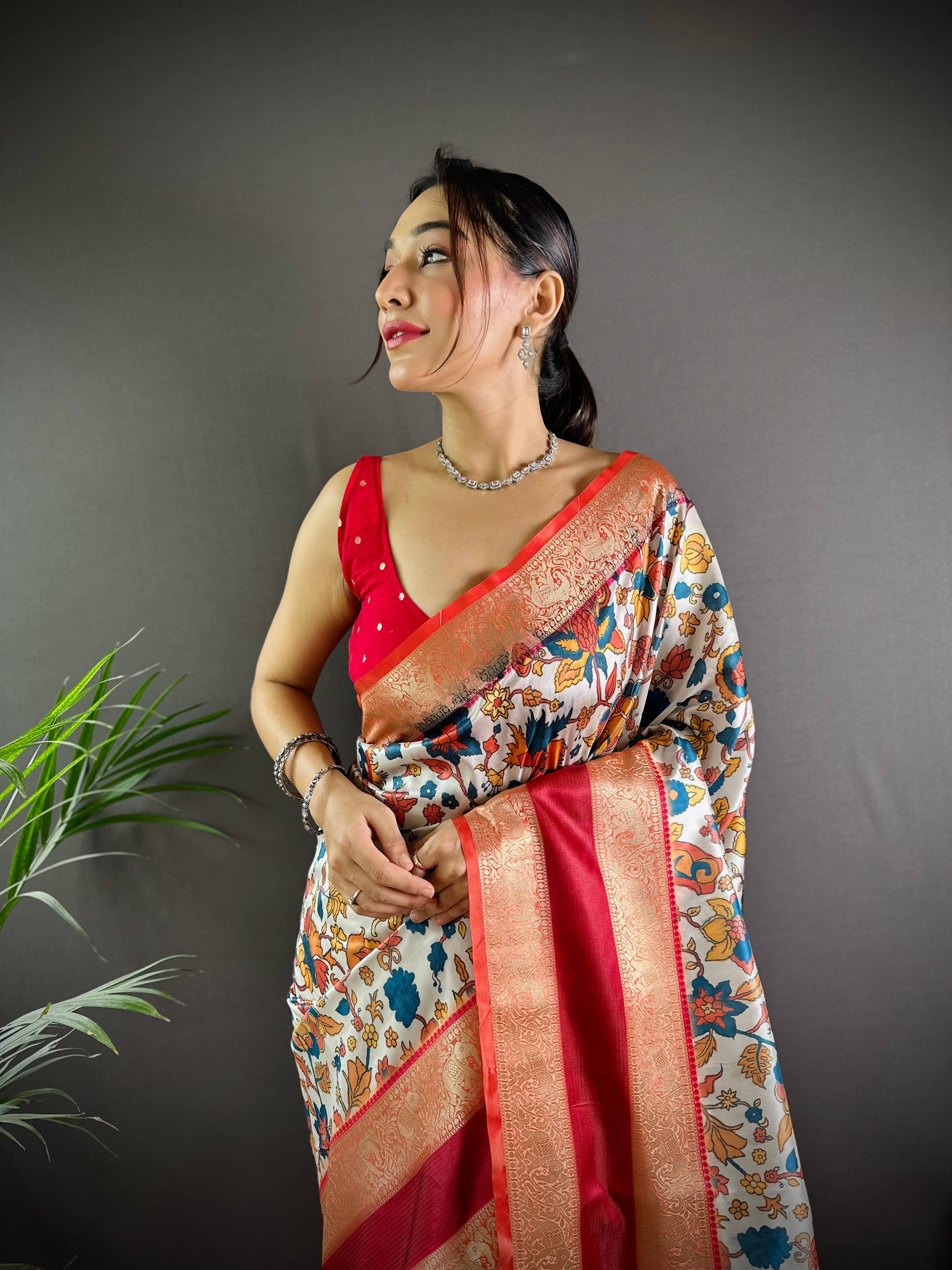 White Colour Soft Silk Kalamkari Saree