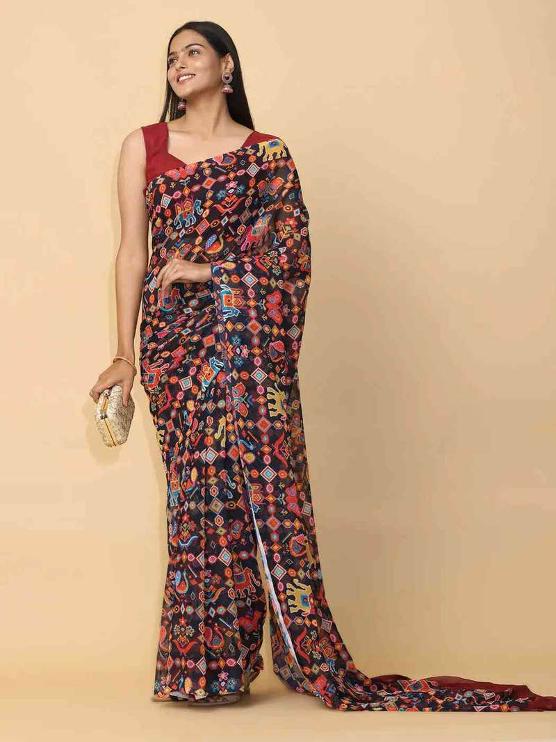Black Colour Soft Poly Georgette Patola Print Saree