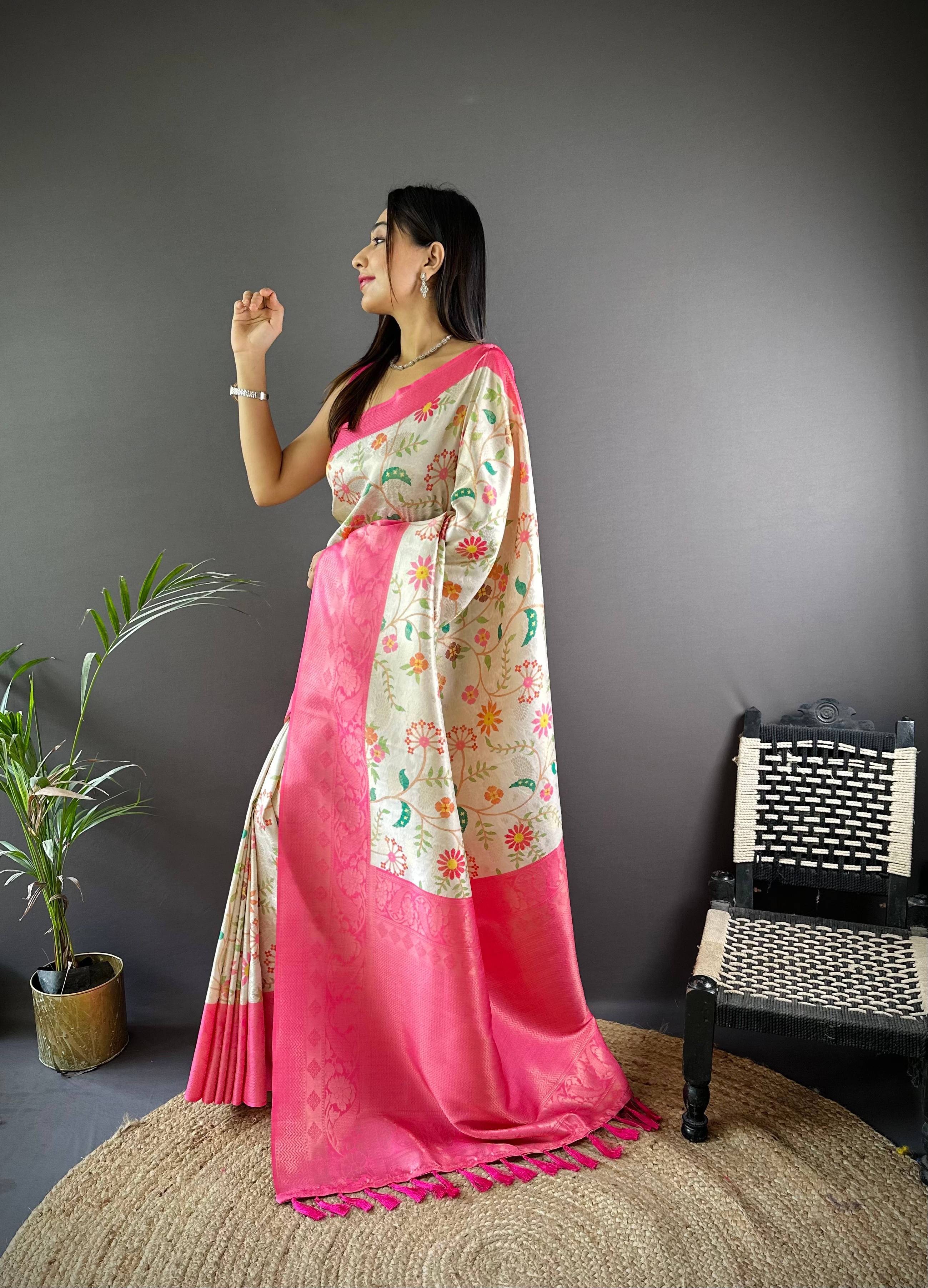 Pink Floral Soft Kanjivaram Silk Saree