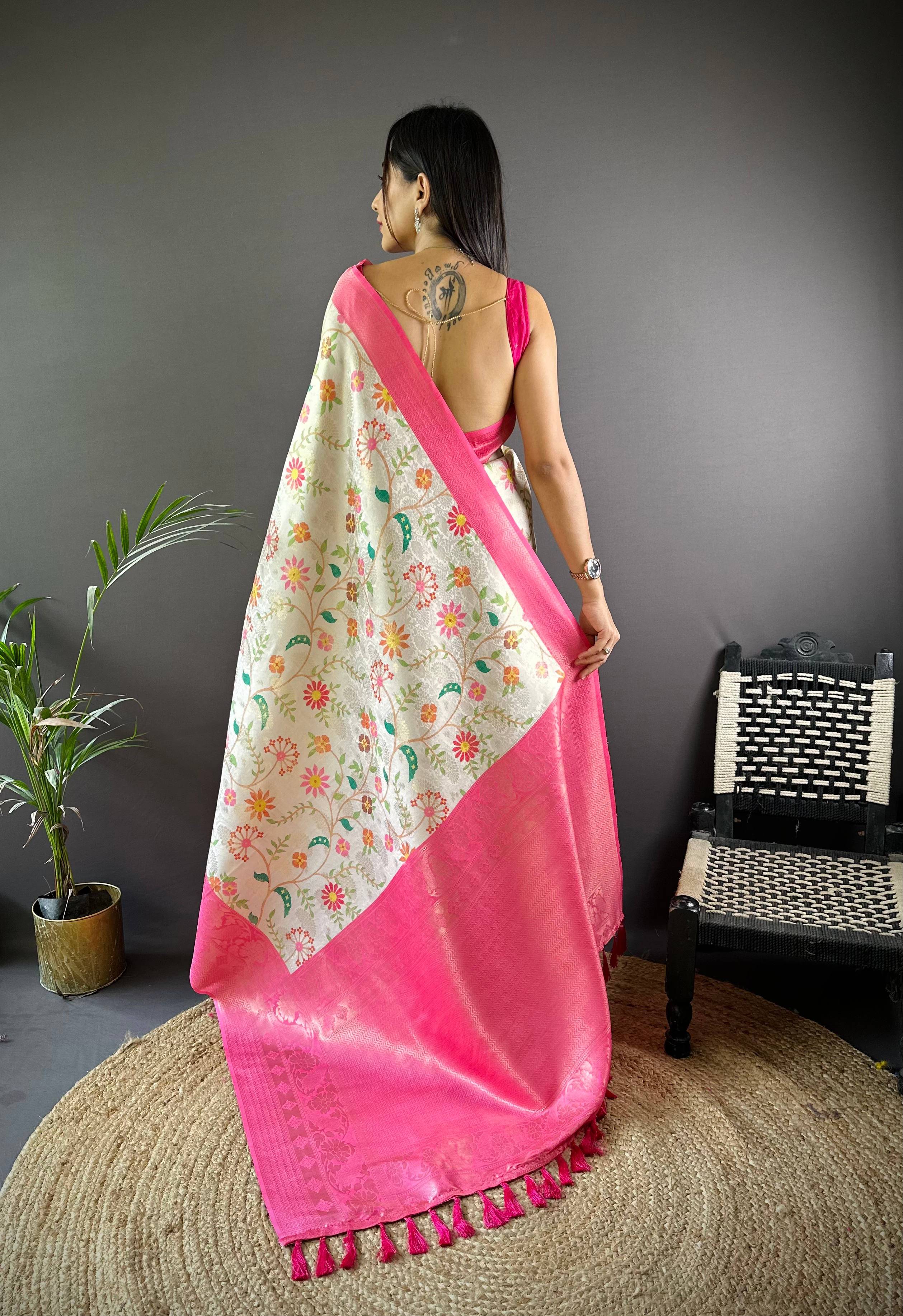 Pink Floral Soft Kanjivaram Silk Saree