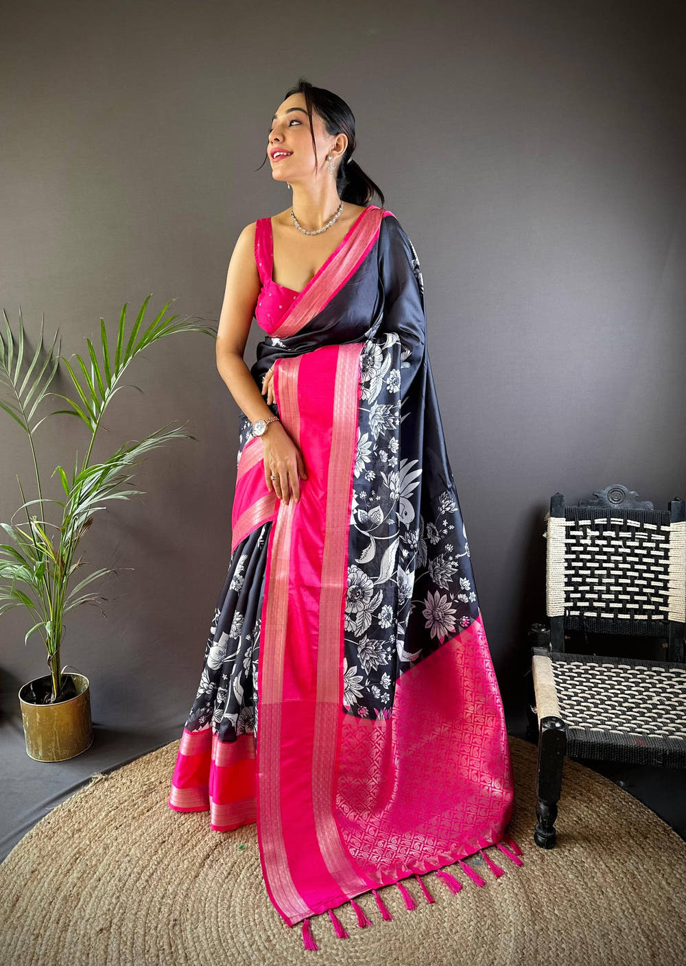 Black Blossom Kalmakari Sodt Silk Saree