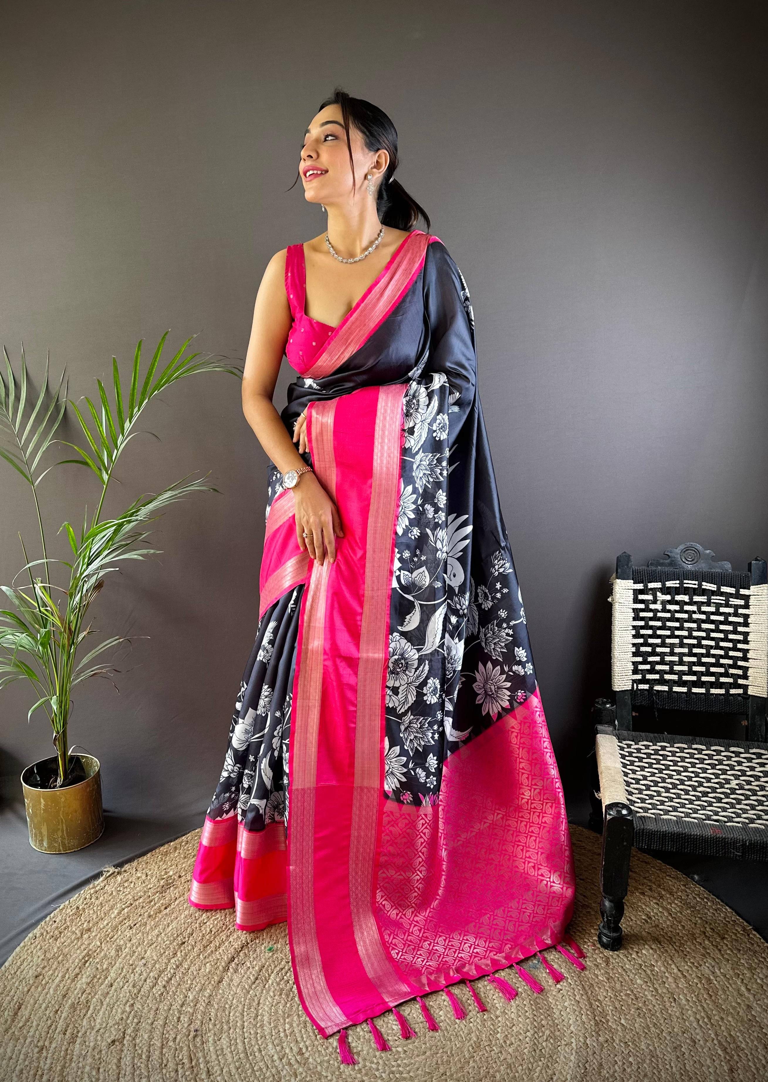 Black Blossom Kalmakari Sodt Silk Saree