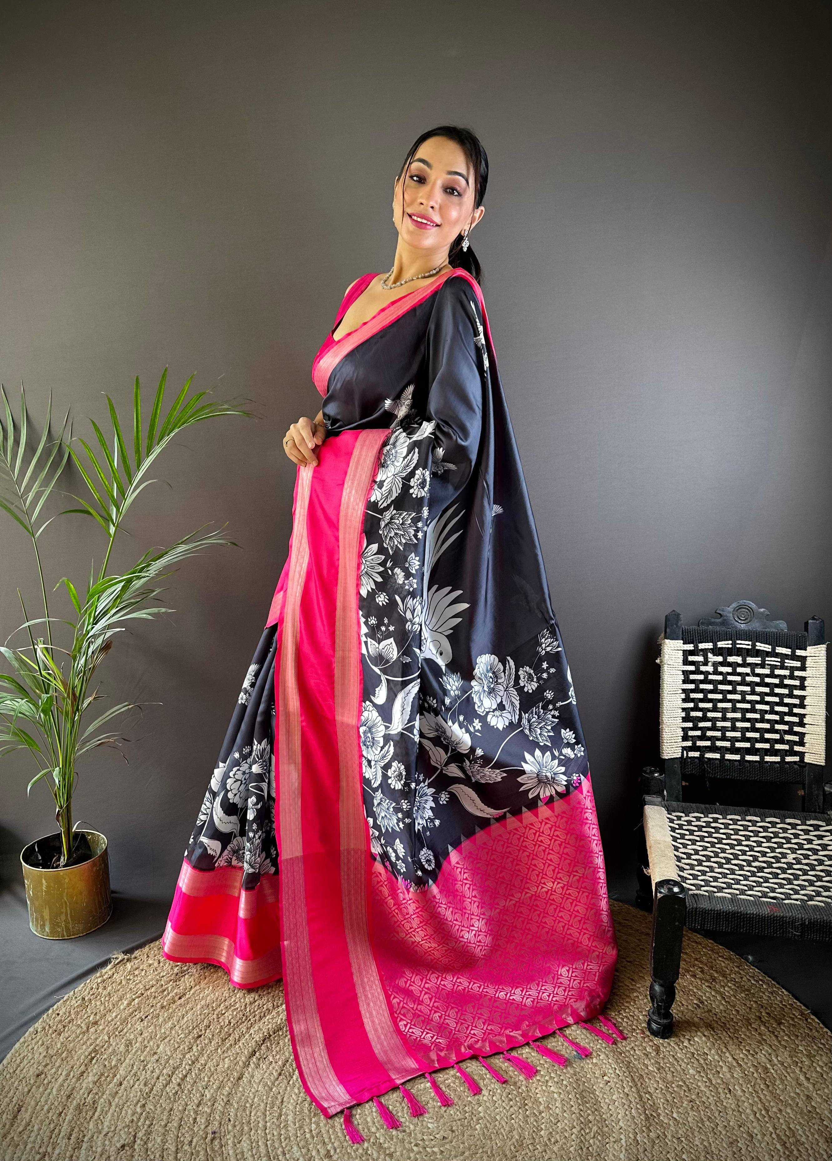 Black Blossom Kalmakari Sodt Silk Saree