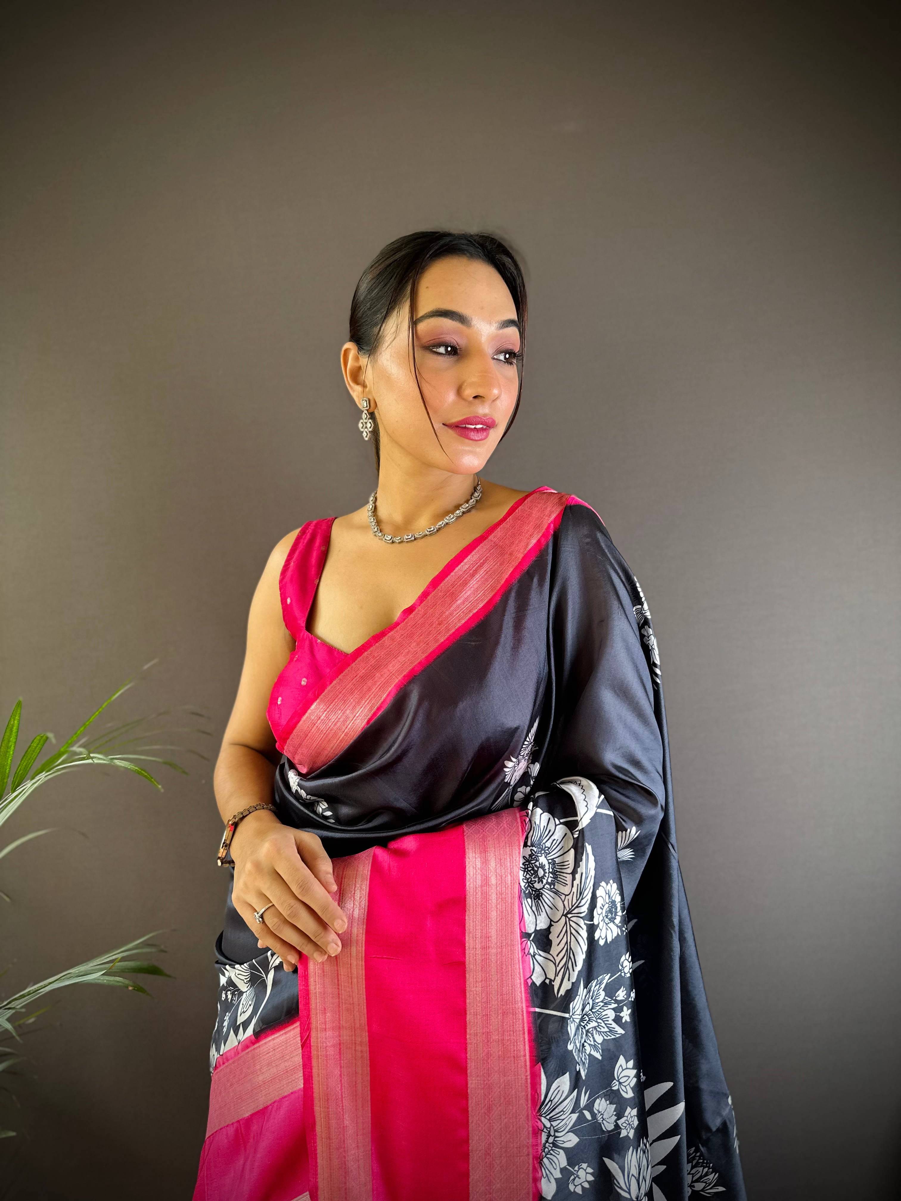 Black Blossom Kalmakari Sodt Silk Saree