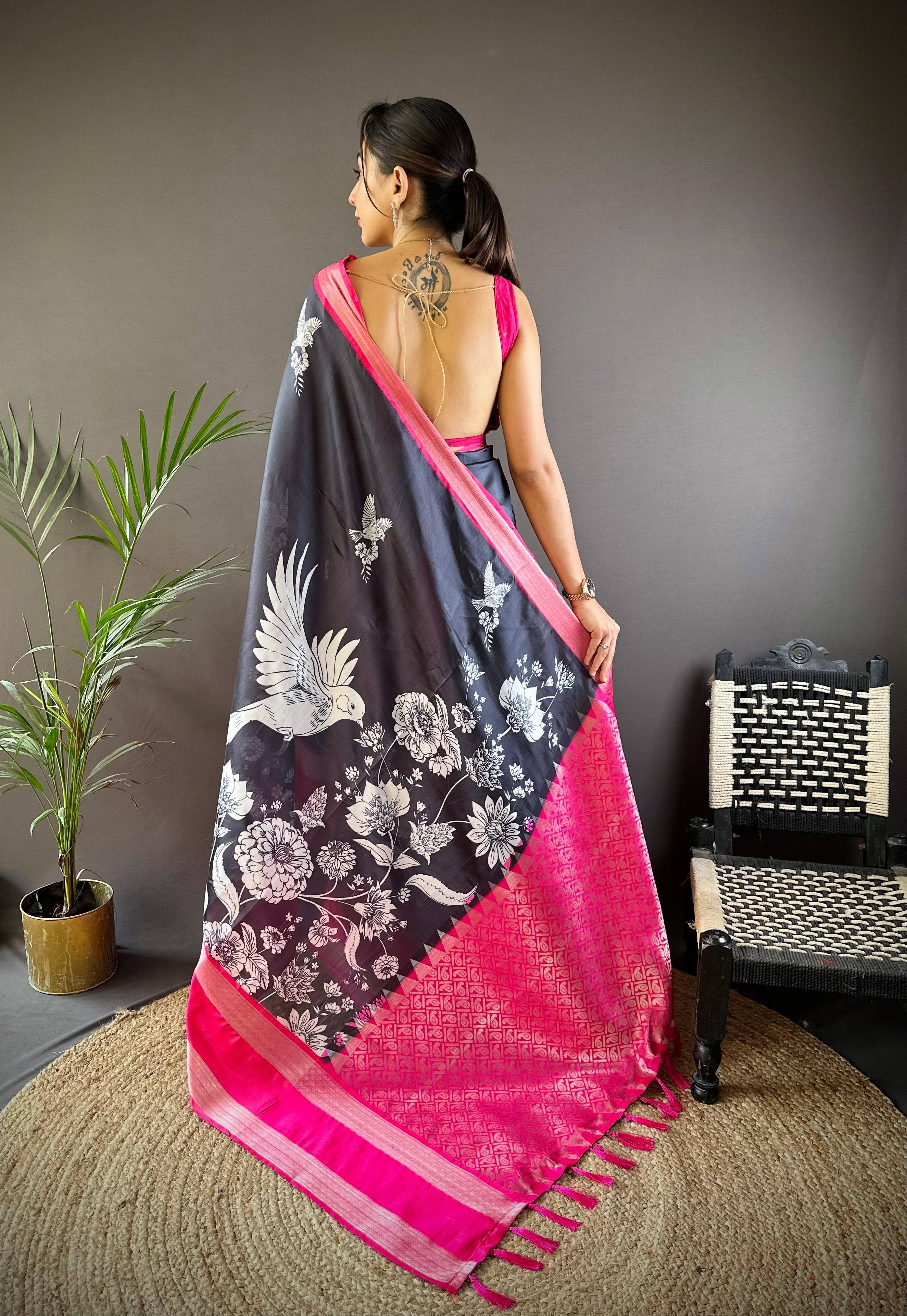 Black Blossom Kalmakari Sodt Silk Saree