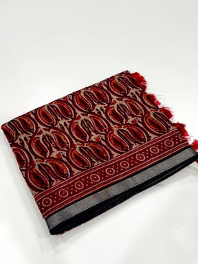 Red Ikkat Ajrakh Print Viscose Saree