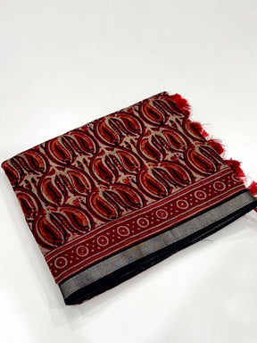 Red Ikkat Ajrakh Print Viscose Saree